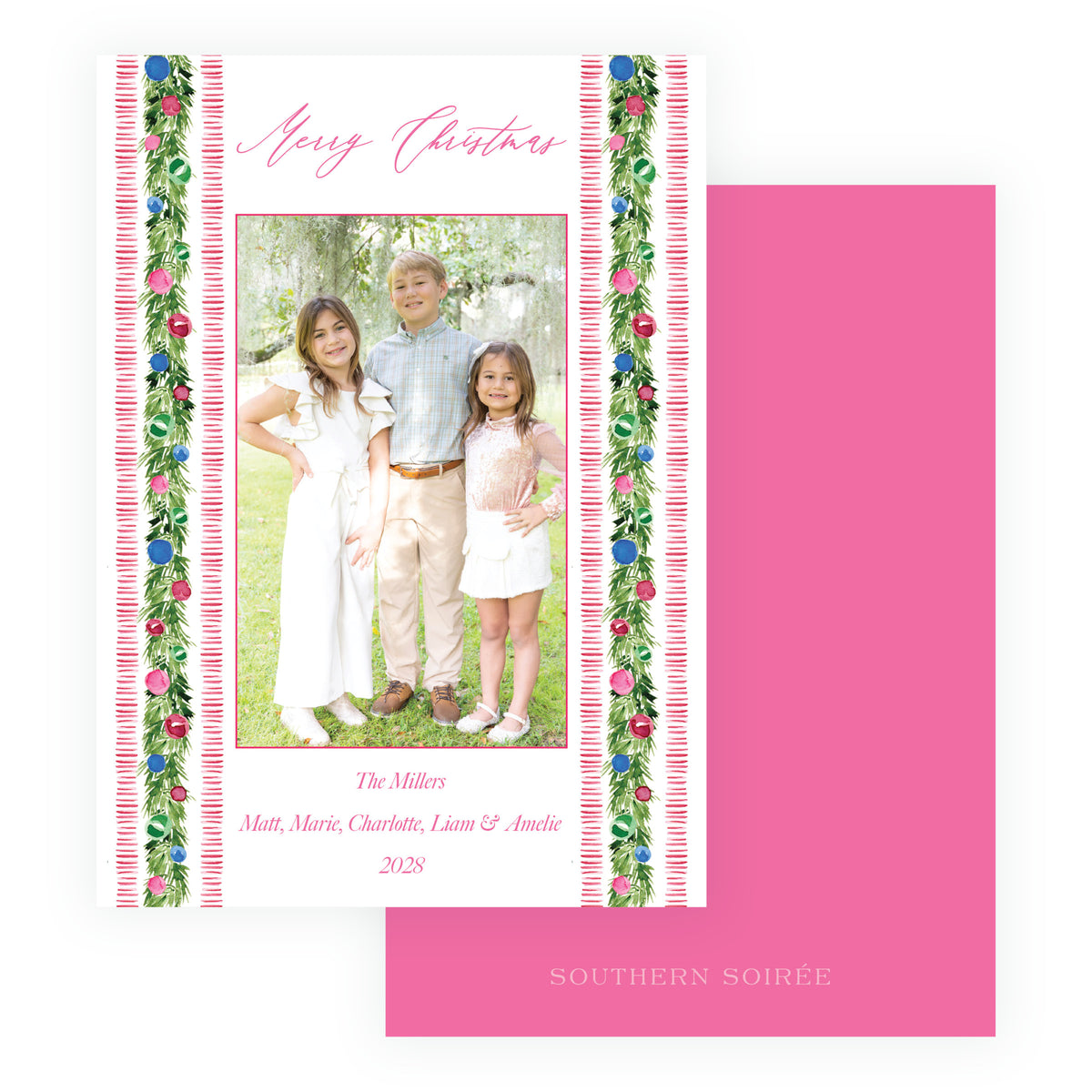 Festive Trim Striped Garland personalized Christmas photo card