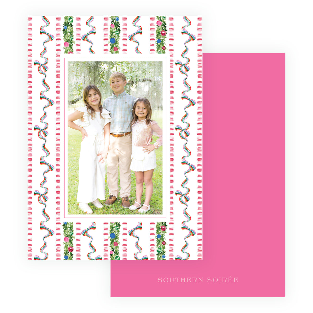 Colorful Christmas family photo card with ribbon and greenery stripes