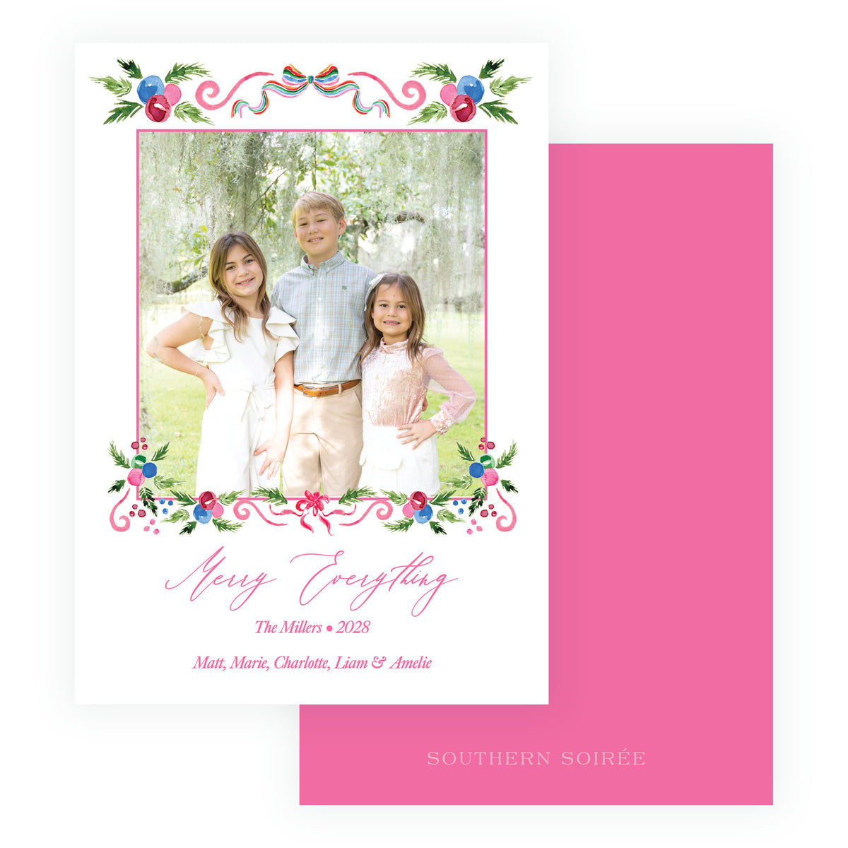 Merry Everything family Christmas photo card with festive watercolor frame