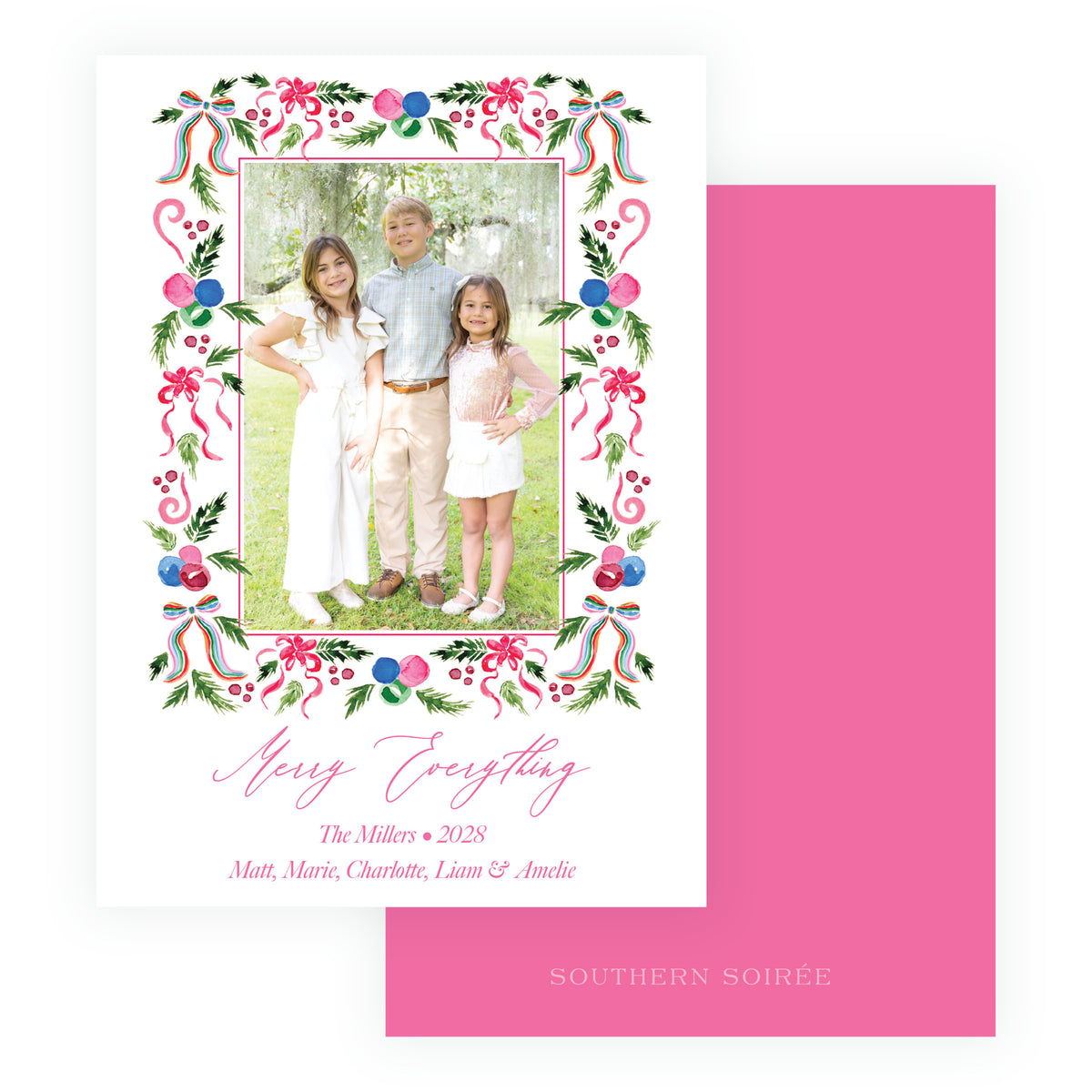 Watercolor greenery Christmas card with colorful bows and family photograph