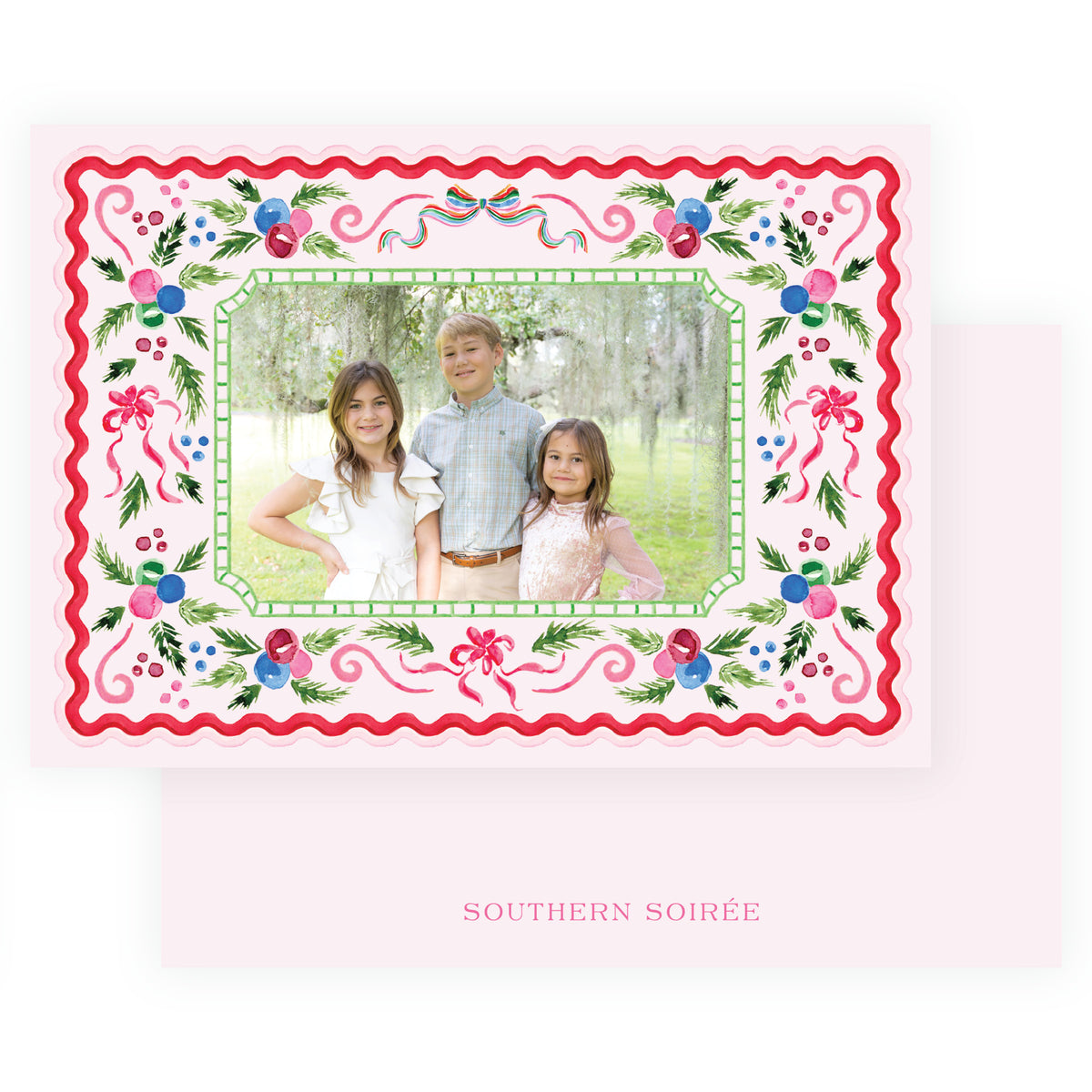 Decked in Cheer Pink landscape personalized Christmas photo card
