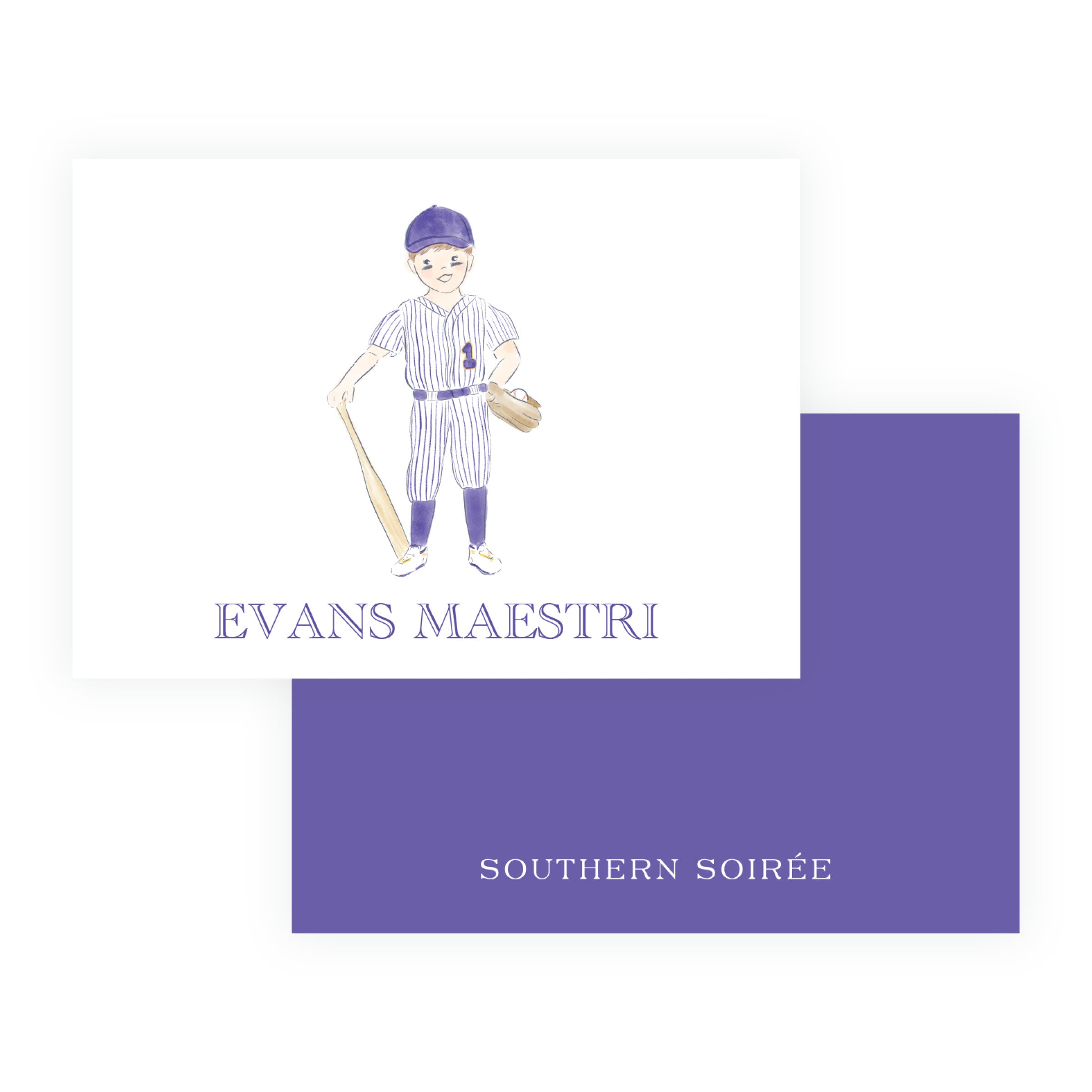 Personalized purple and gold baseball player gift enclosure card with custom wording