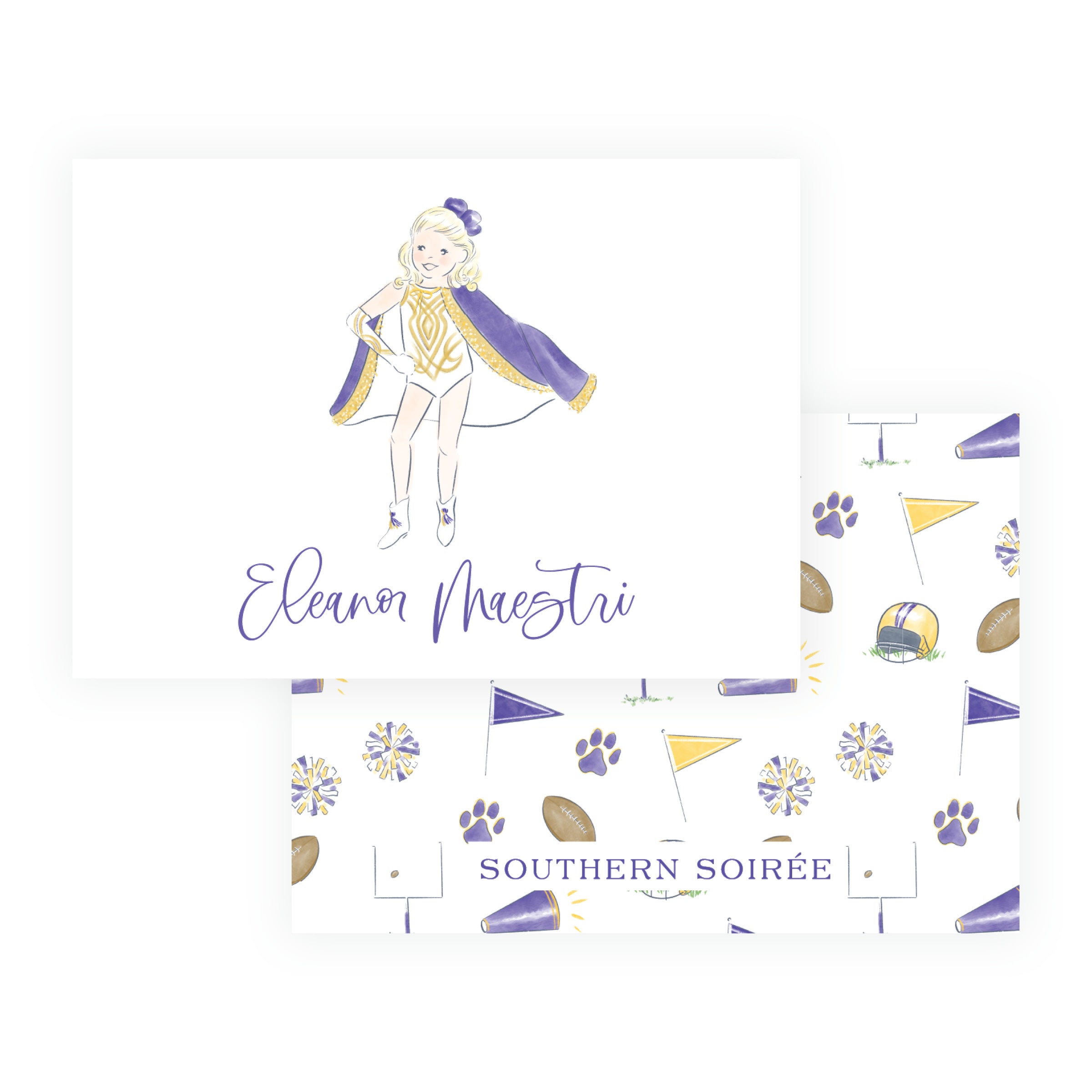 Personalized purple and gold dance team gift enclosure card with game day dancer and custom wording