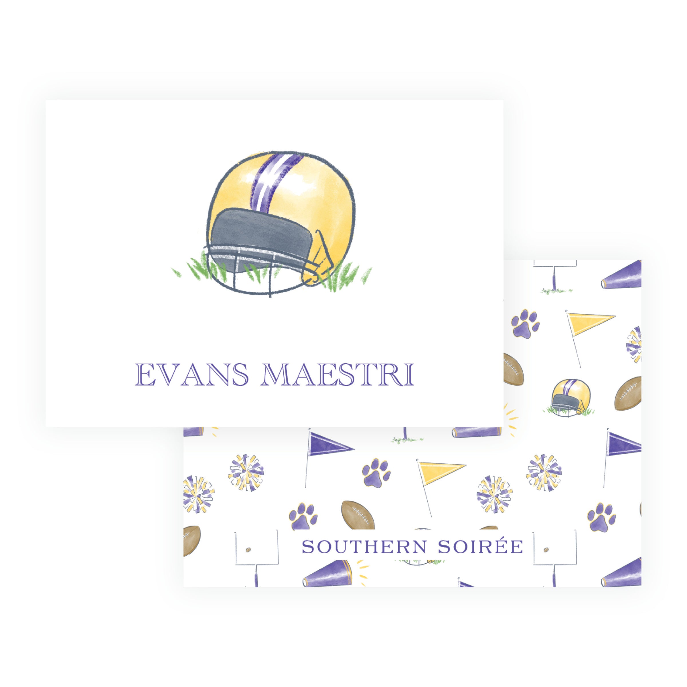 Personalized purple and gold football helmet gift enclosure card with custom wording
