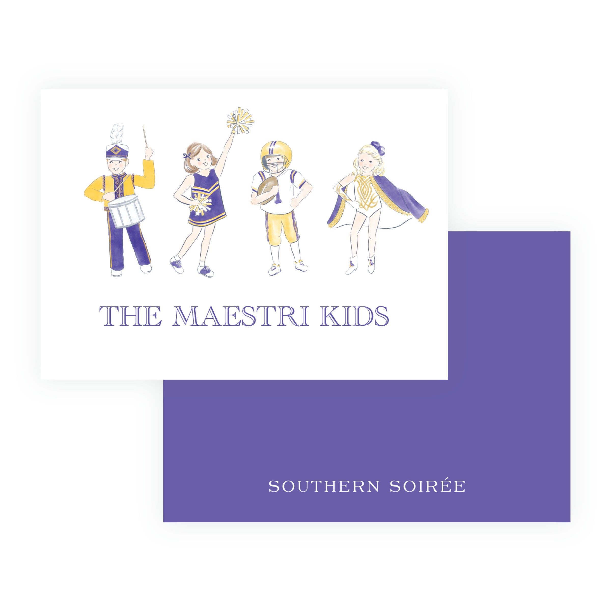 Personalized purple and gold game day enclosure card with drummer, cheerleader, football player, dancer and family or child's name