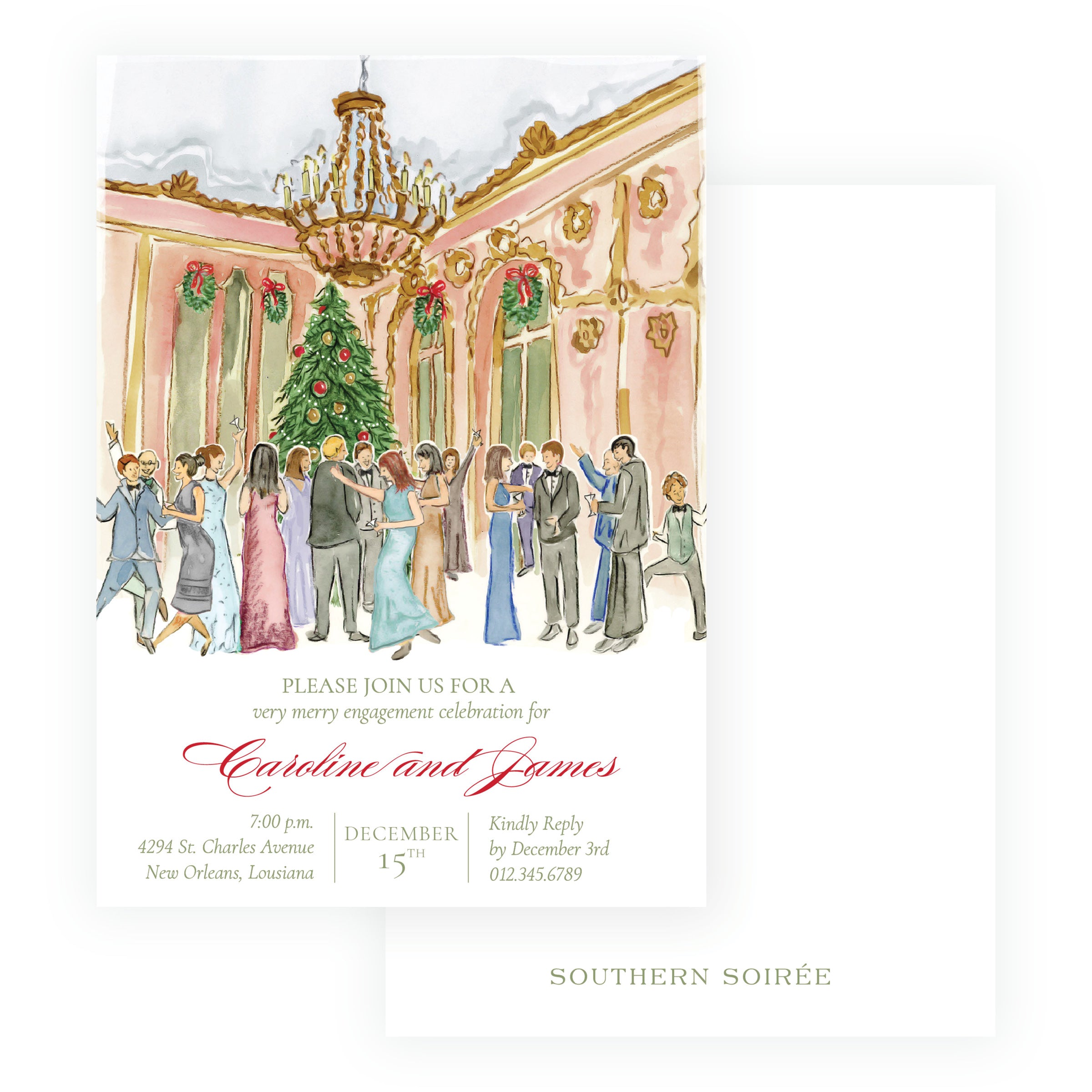 Elegant holiday engagement party invitation with watercolor Christmas celebration artwork