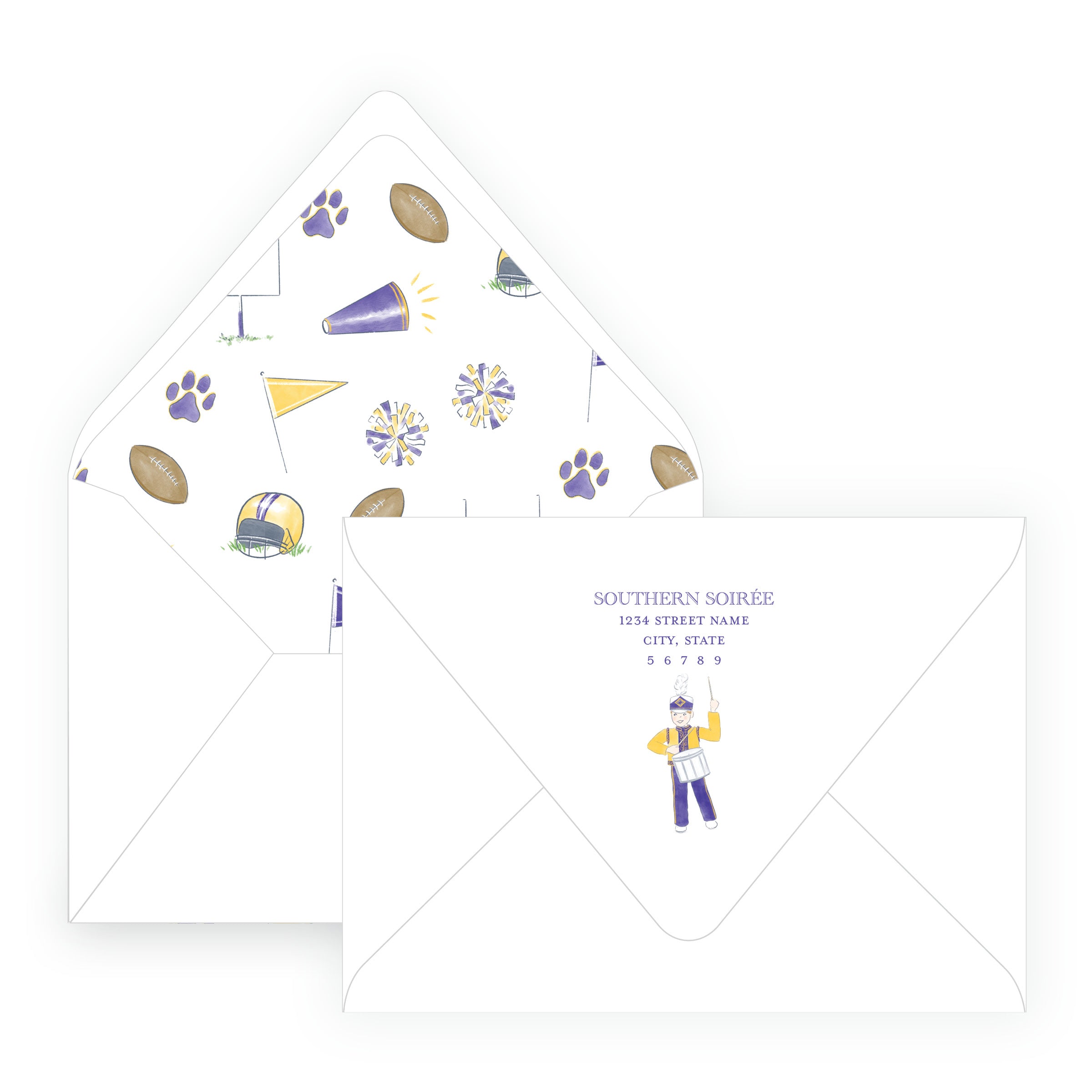 Purple & Gold Marching Band Drummer Note Cards- Team Spirit