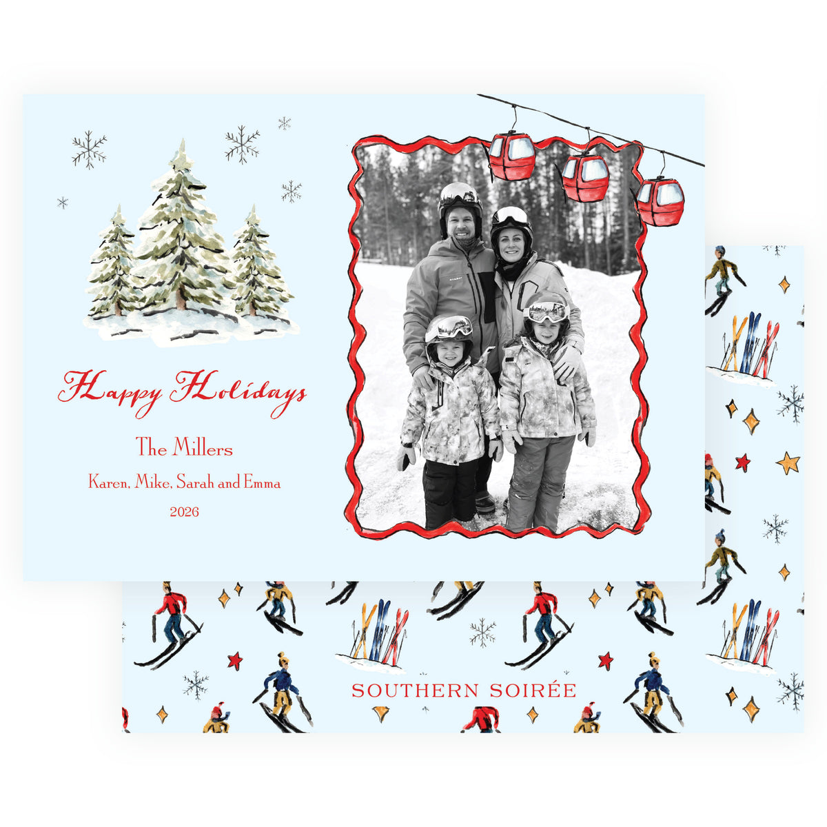 Alpine Holiday Gondola & Evergreens Blue Landscape Personalized Christmas Photo Card