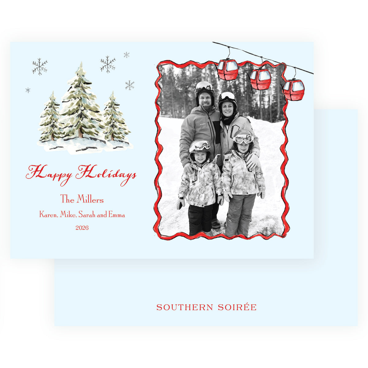 Alpine Holiday ski gondola and evergreen personalized landscape Christmas photo card
