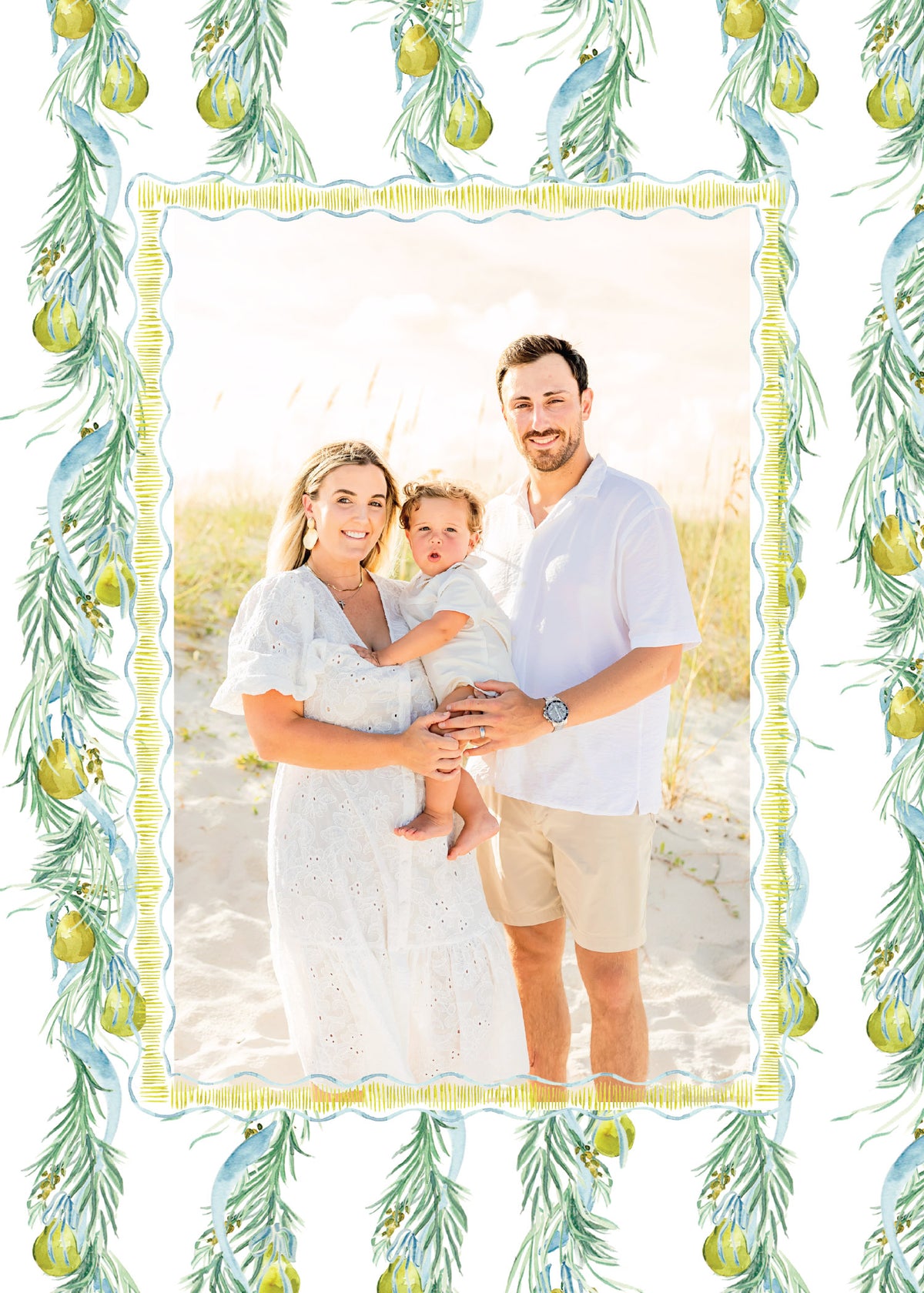 Watercolor evergreen pattern Christmas card with family photo