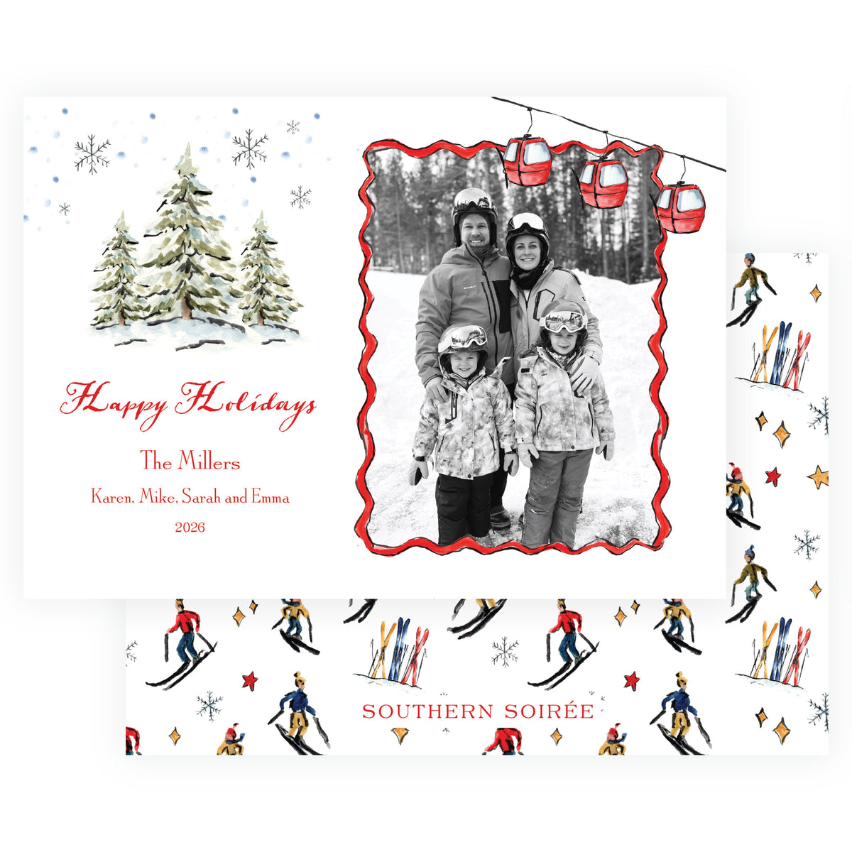 Watercolor mountain Christmas photo card with red gondolas, evergreen trees and snowflakes