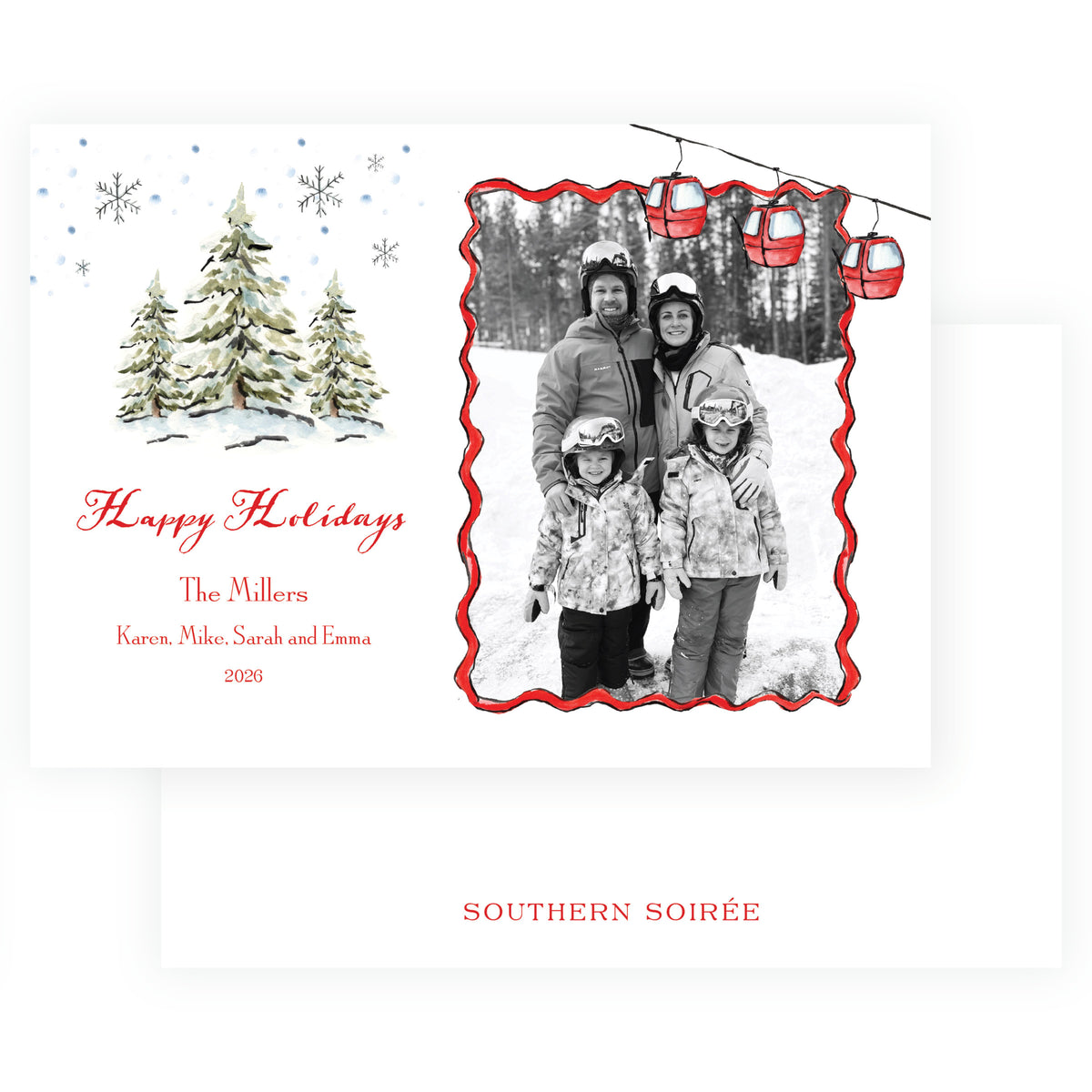 Personalized ski holiday card with snowy pine trees, red gondola and family photo