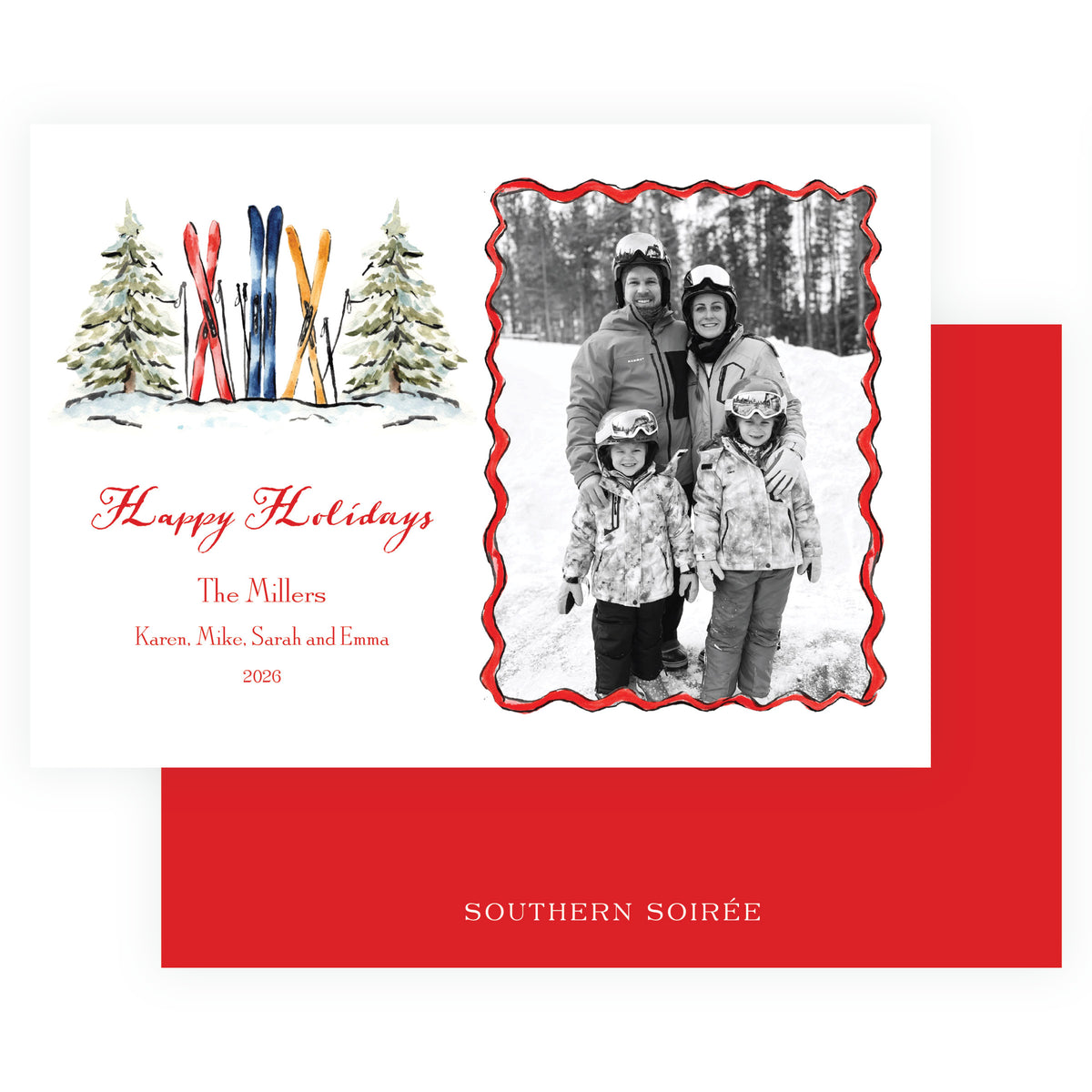 Personalized ski holiday photo card with watercolor evergreens and colorful skis