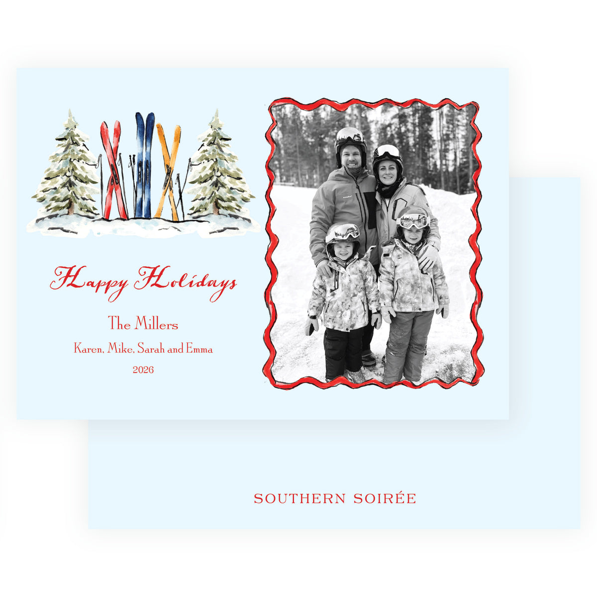 Personalized ski Christmas photo card with watercolor skis snowy evergreen trees and light blue back