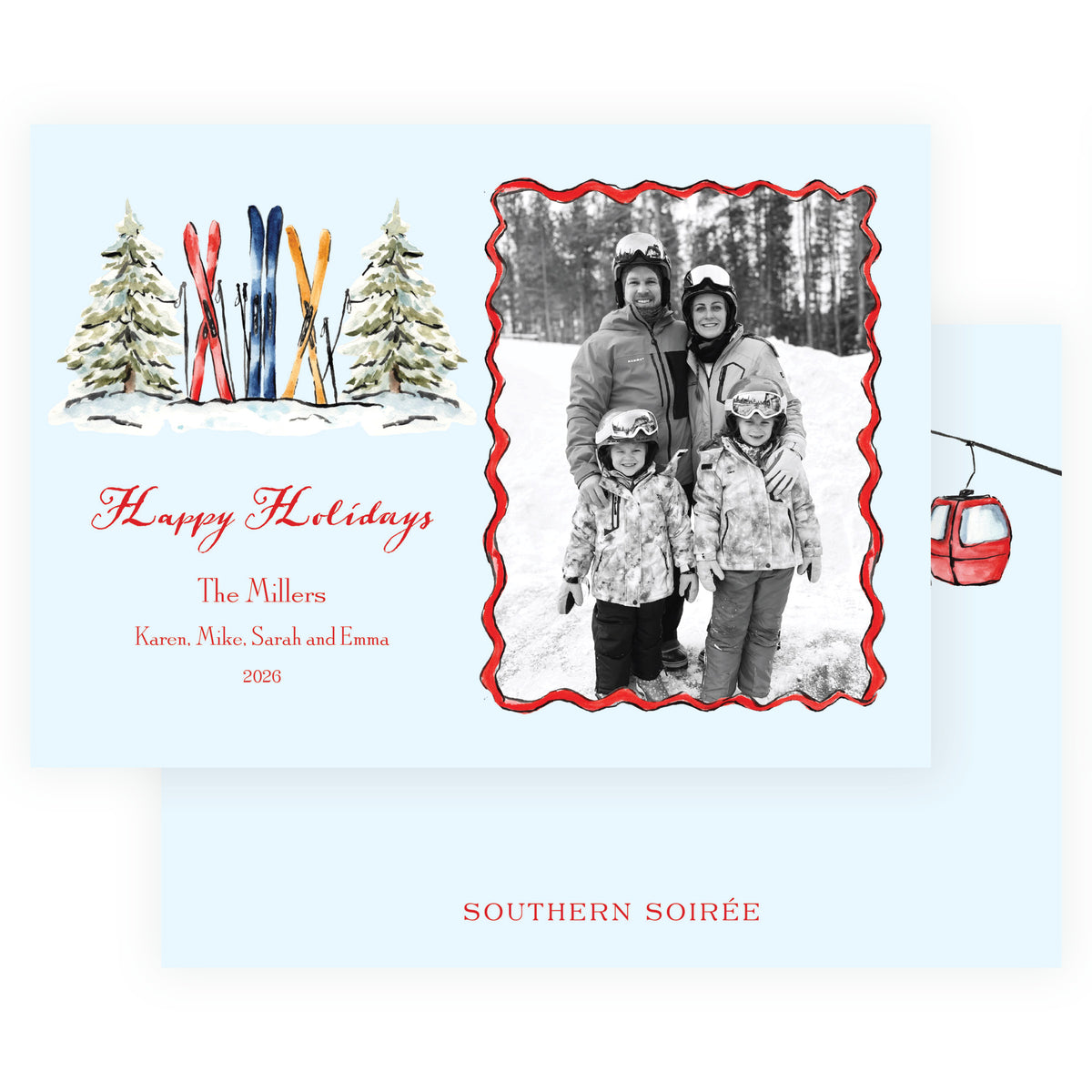 Skis and Evergreens personalized Christmas photo card with watercolor red ski gondola back