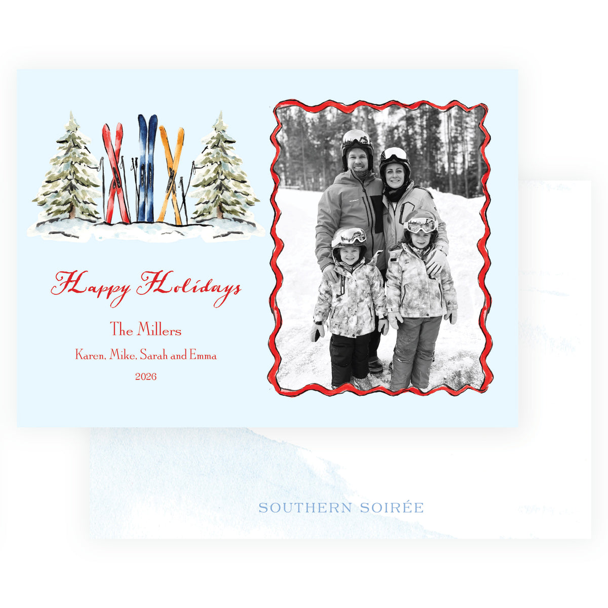 Alpine Holiday landscape family Christmas card with watercolor skis evergreen trees and snowy watercolor back
