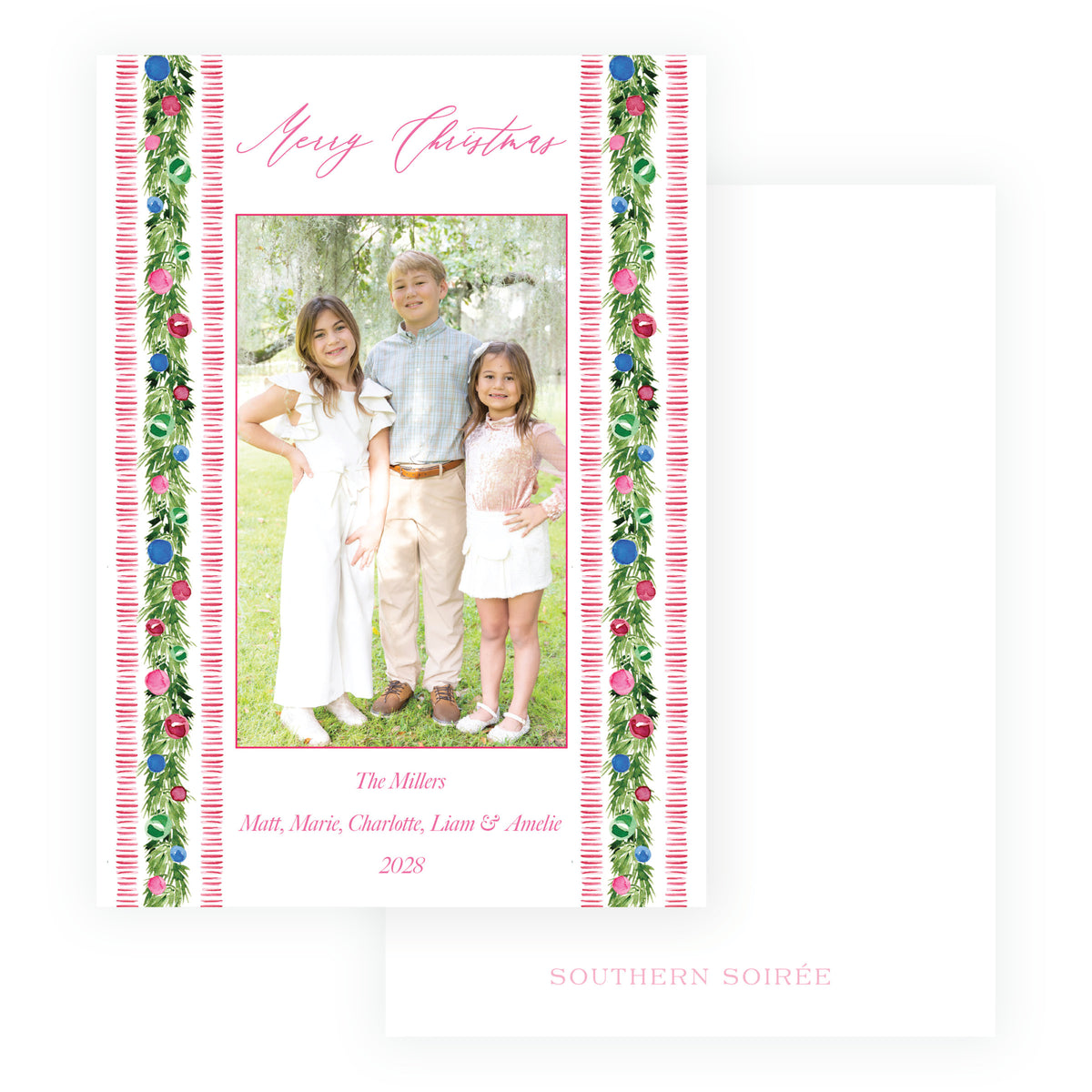 Christmas family photo card with watercolor garland and red painted stripes