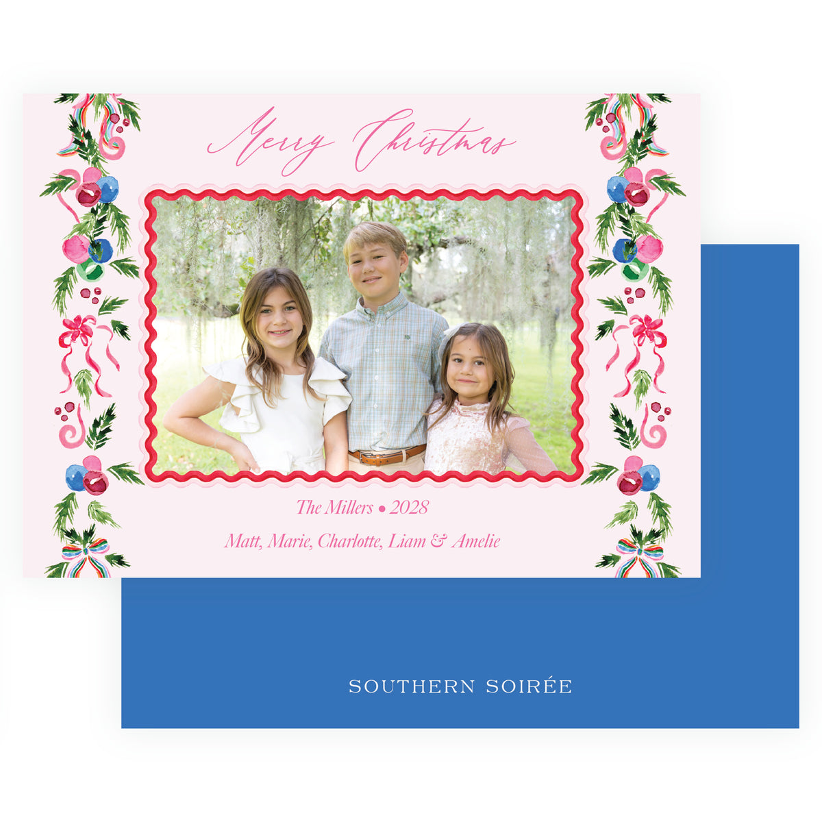 Pink Christmas family photo card with red scalloped photo frame