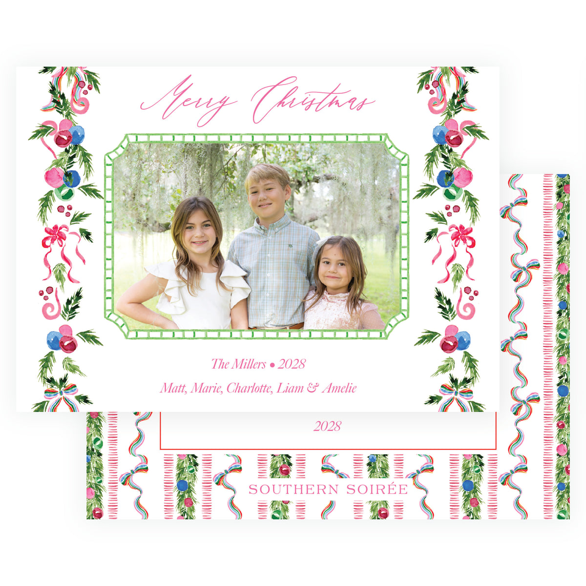 White Christmas photo card with watercolor garland and colorful ribbons