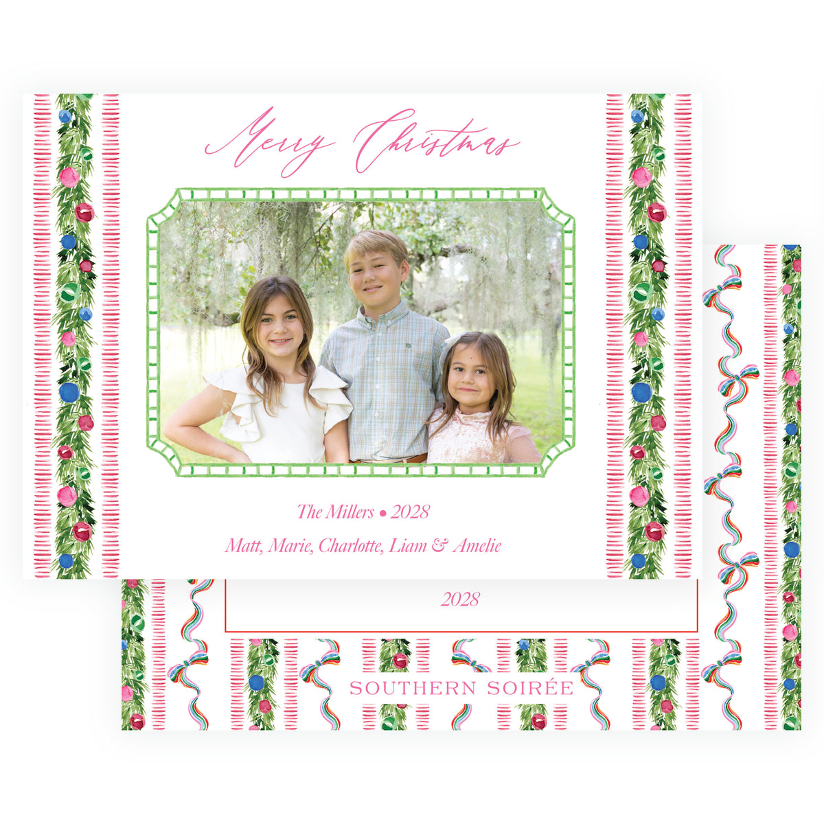 Festive Trim Striped Landscape Personalized Christmas Photo Card