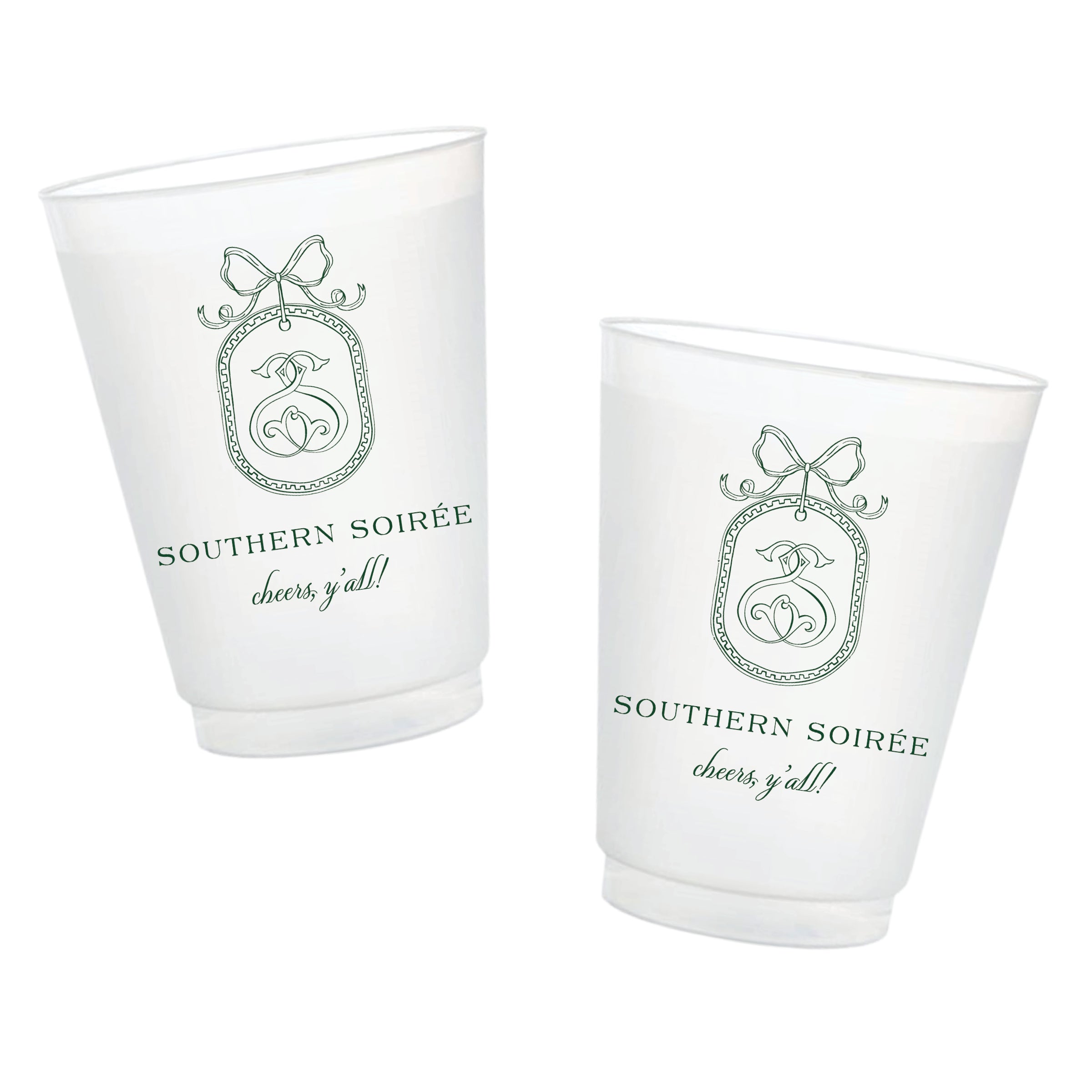Custom 1–2 color frosted cups personalized with a monogram and custom artwork for weddings and special events