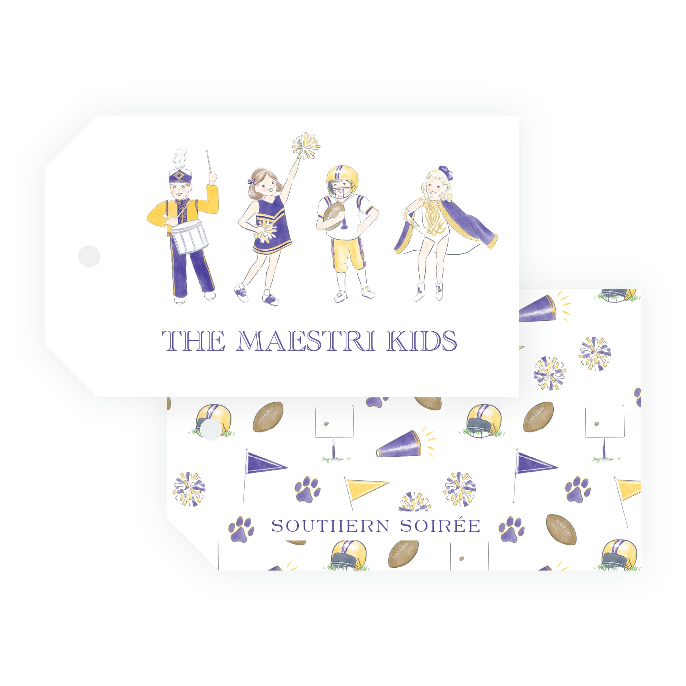 Personalized purple and gold game day kids gift tag with drummer, cheerleader, football player, dancer and family name