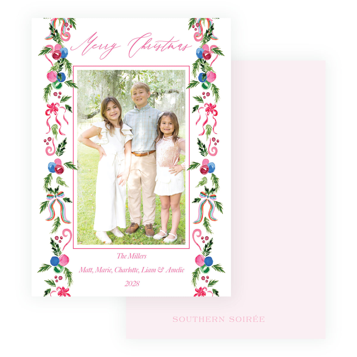 Colorful family Christmas photo card with festive watercolor greenery ornaments and ribbon trim