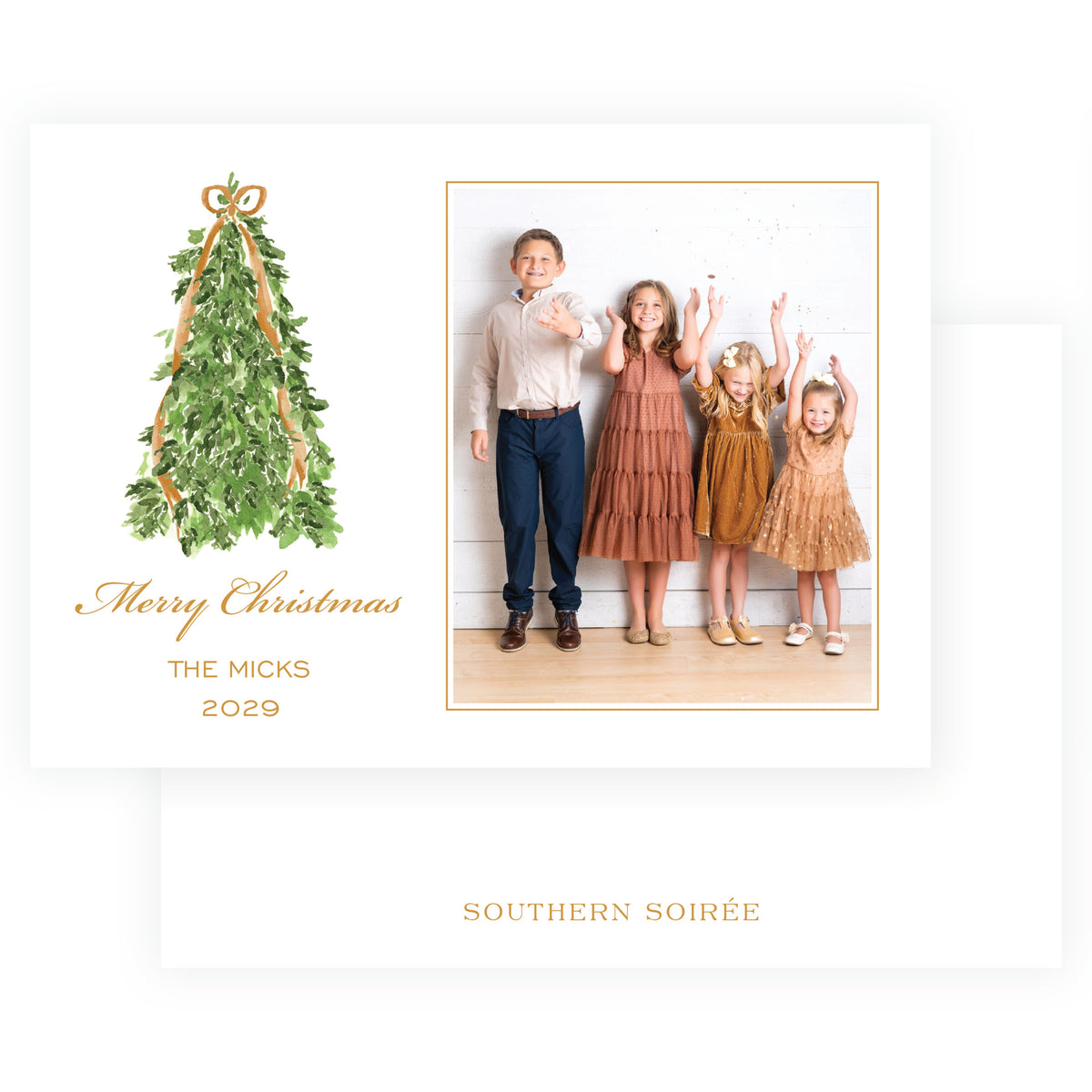 Gold Christmas tree landscape personalized Christmas photo card