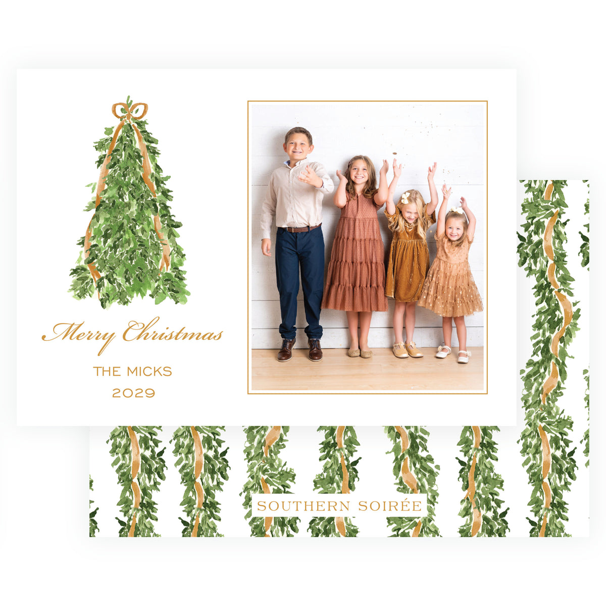 Personalized family Christmas card with watercolor evergreen tree and gold ribbon