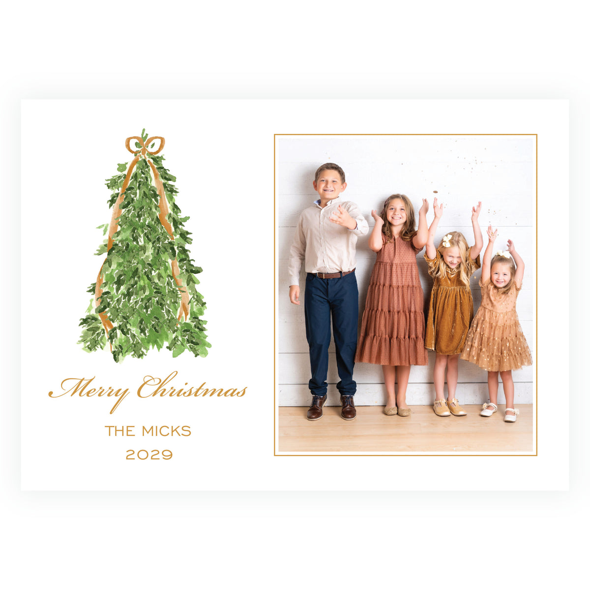 Landscape Christmas photo card with evergreen tree and gold bow