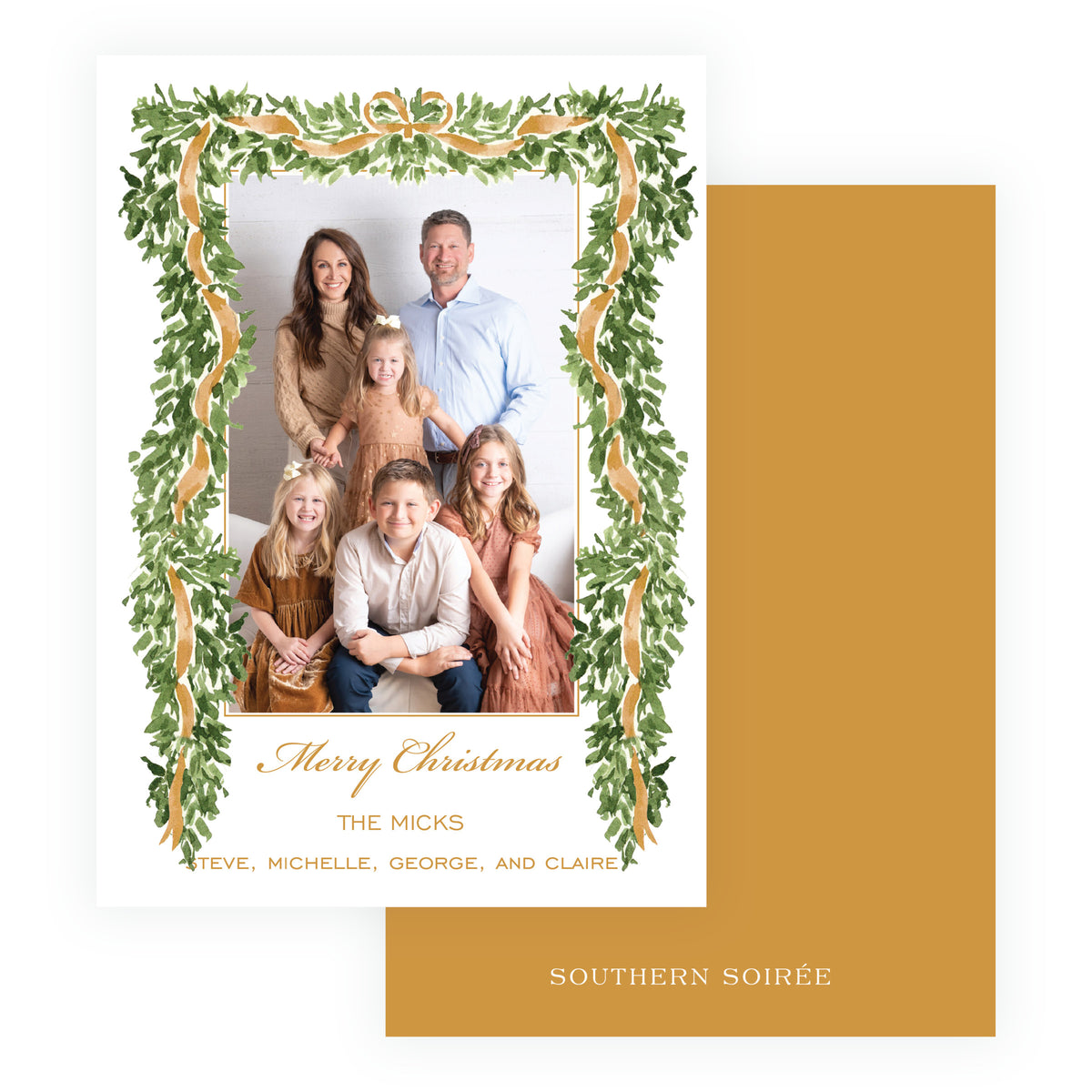 Gold garland frame personalized Christmas photo card with watercolor greenery