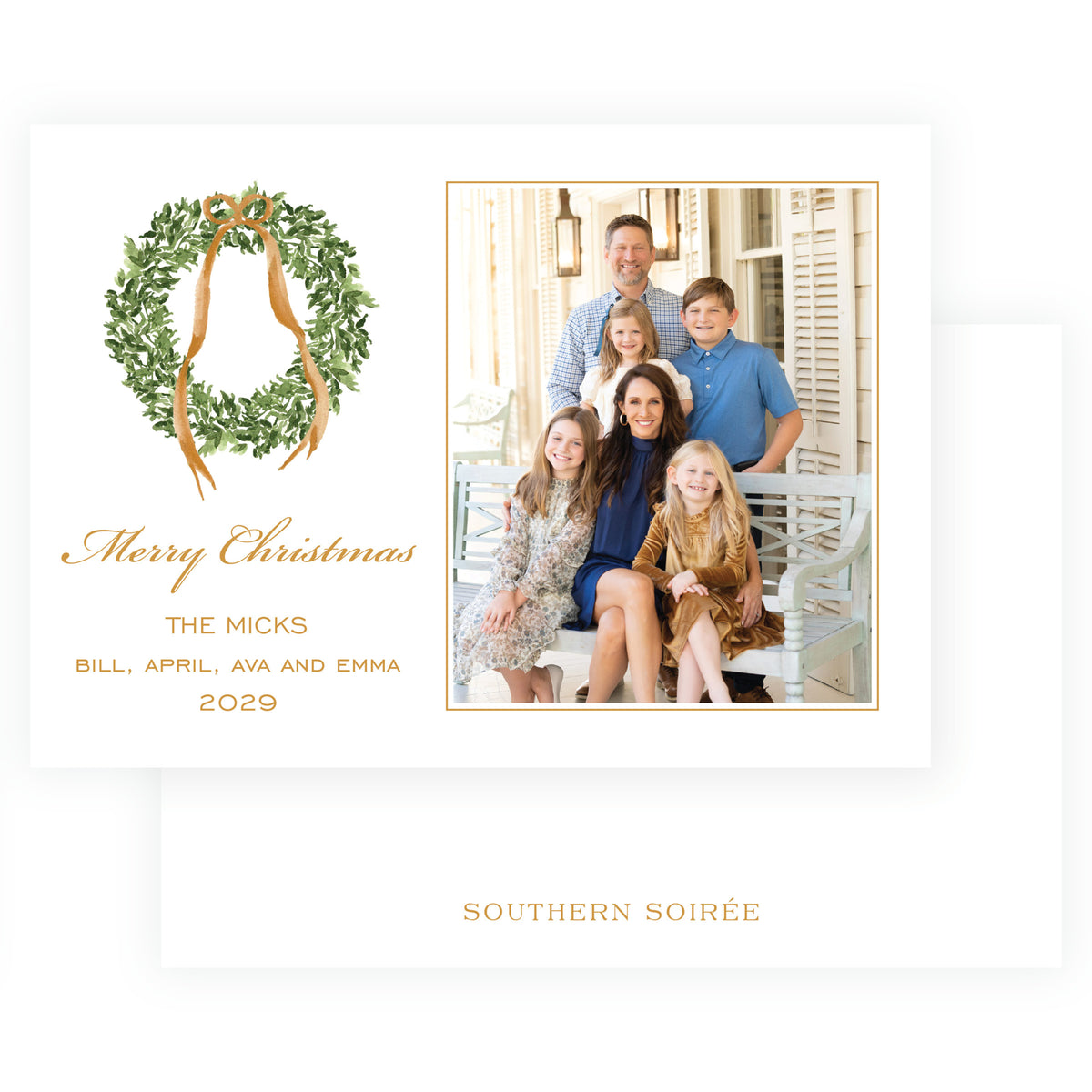 Watercolor evergreen wreath landscape Christmas card with family photo
