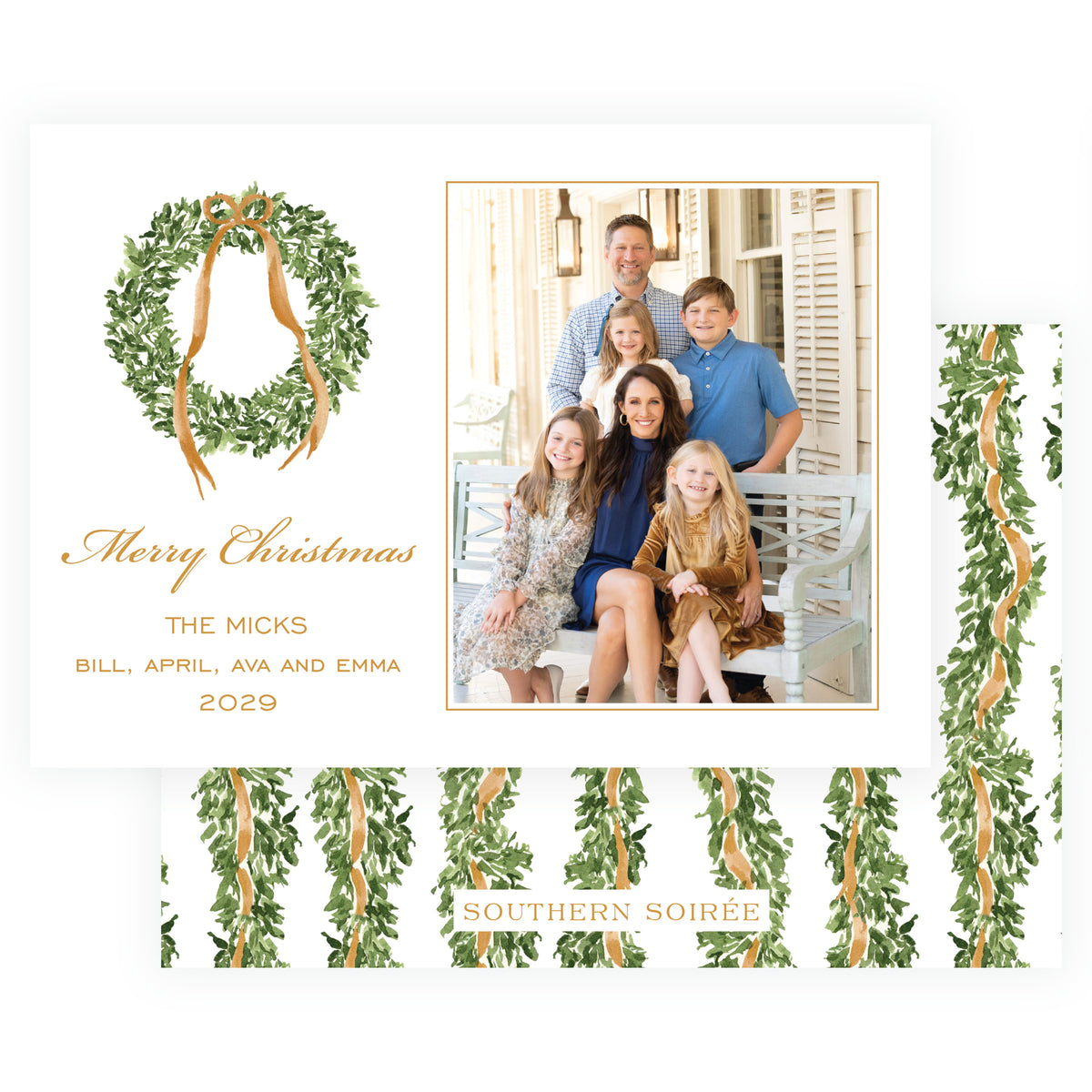 Gold wreath landscape personalized Christmas photo card