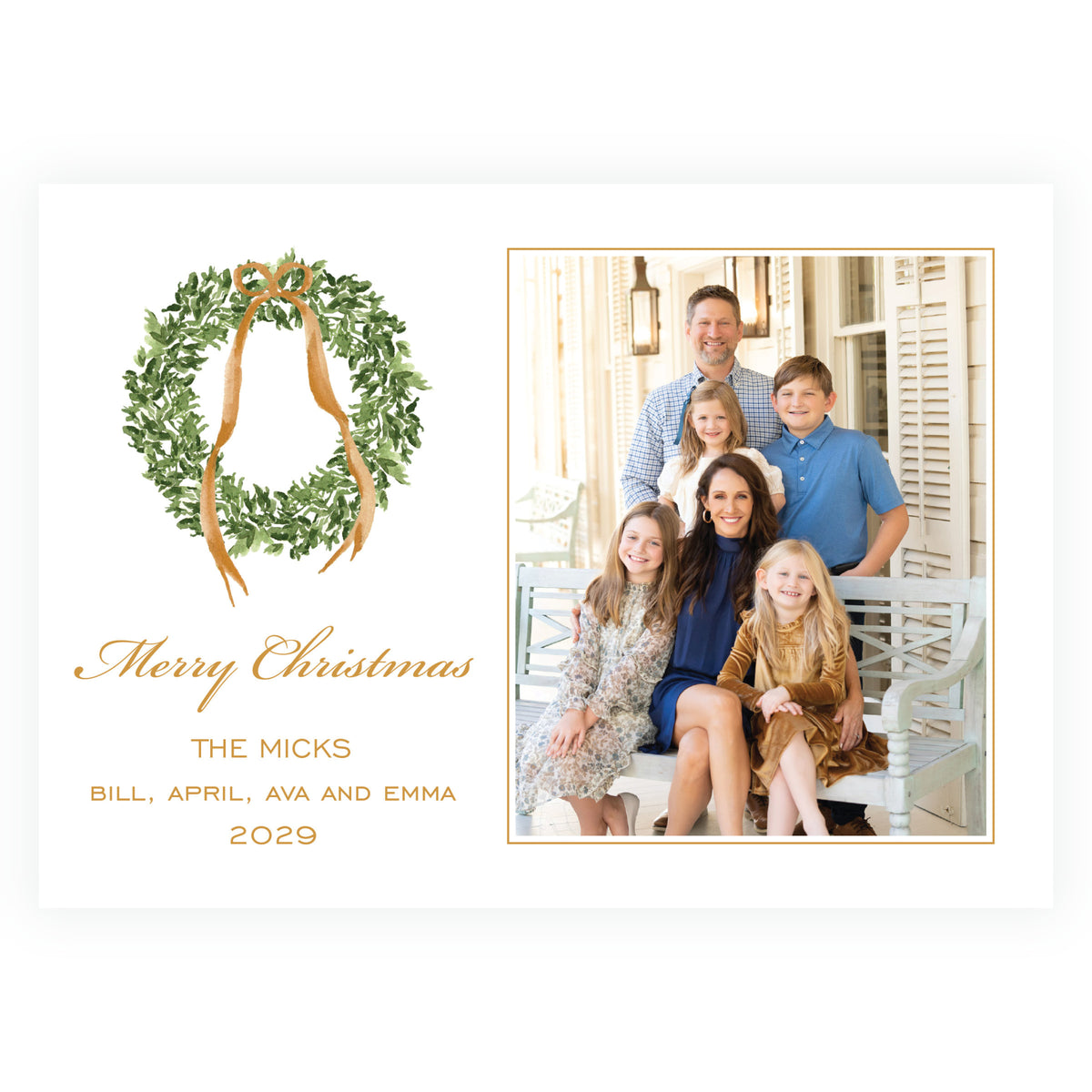 Decked in Garland gold wreath landscape holiday photo card