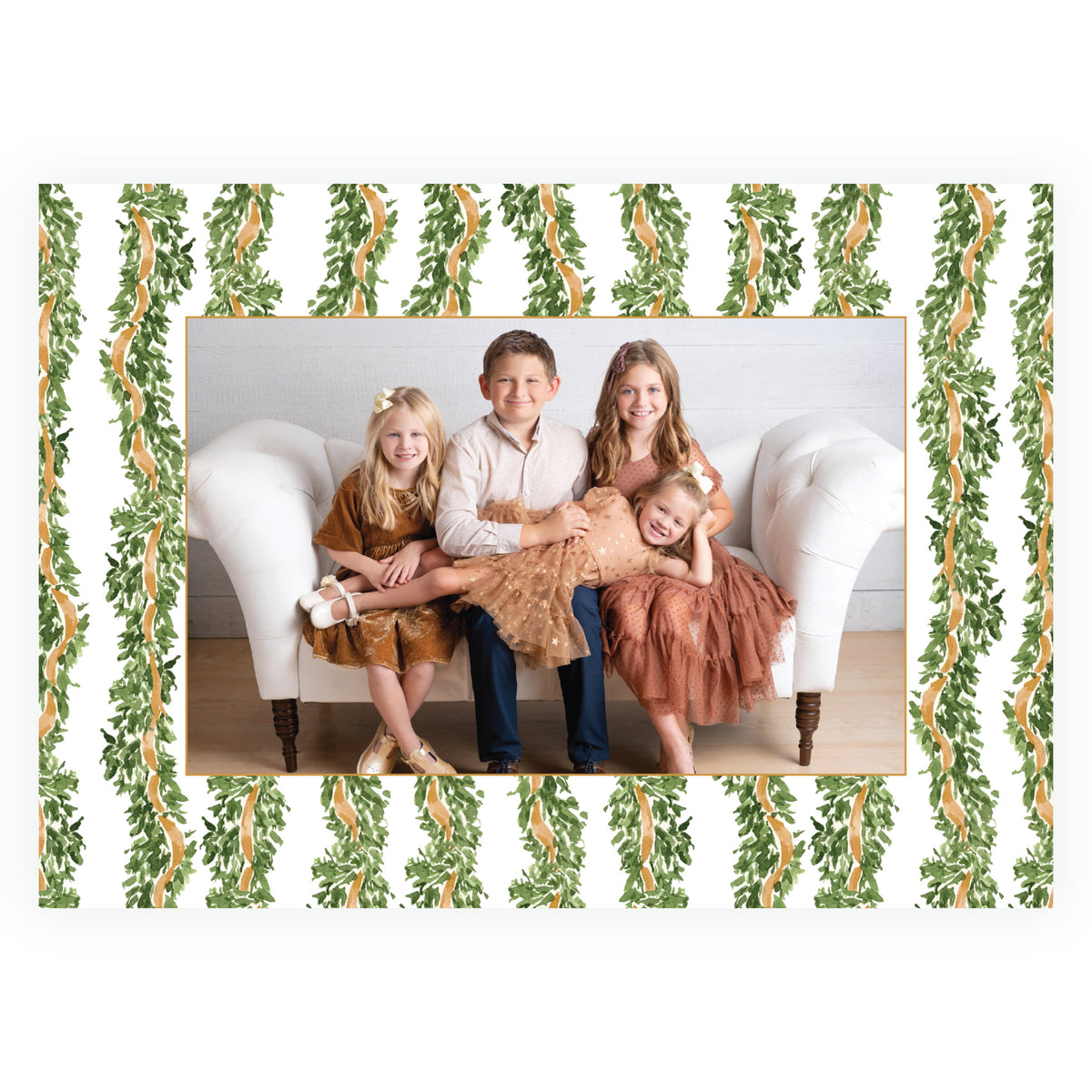 Personalized Christmas photo card with watercolor greenery and gold ribbon