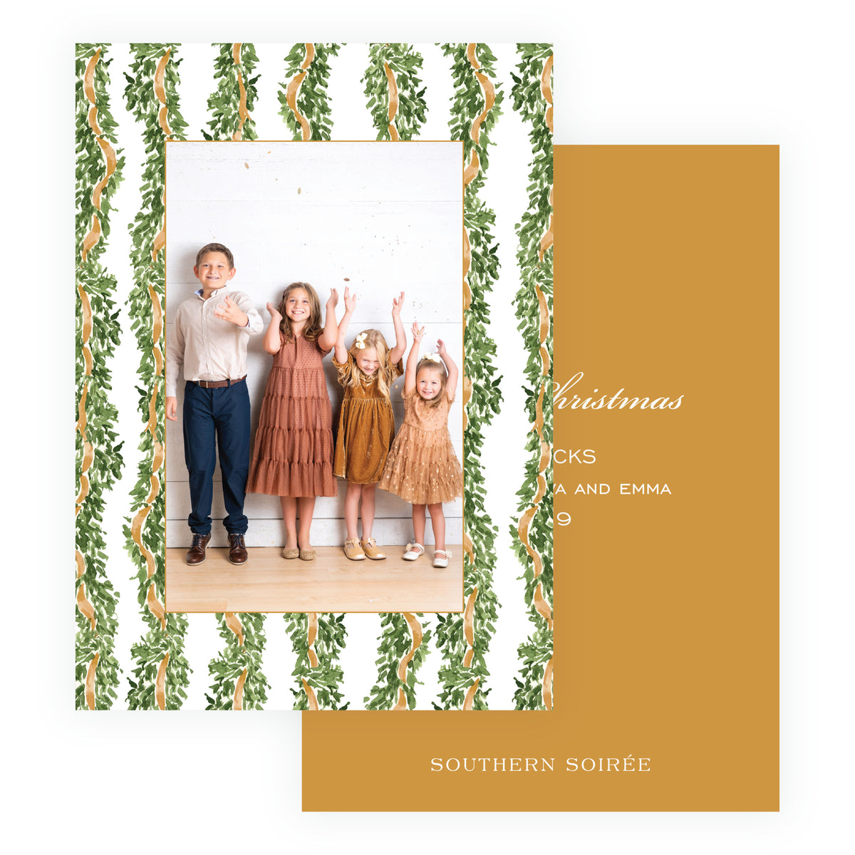 Repeating watercolor evergreen garland and gold ribbon Christmas card