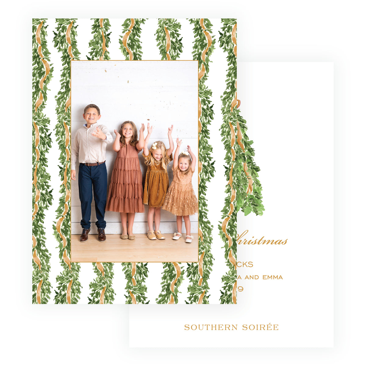 Gold ribbon garland personalized Christmas photo card with family photo