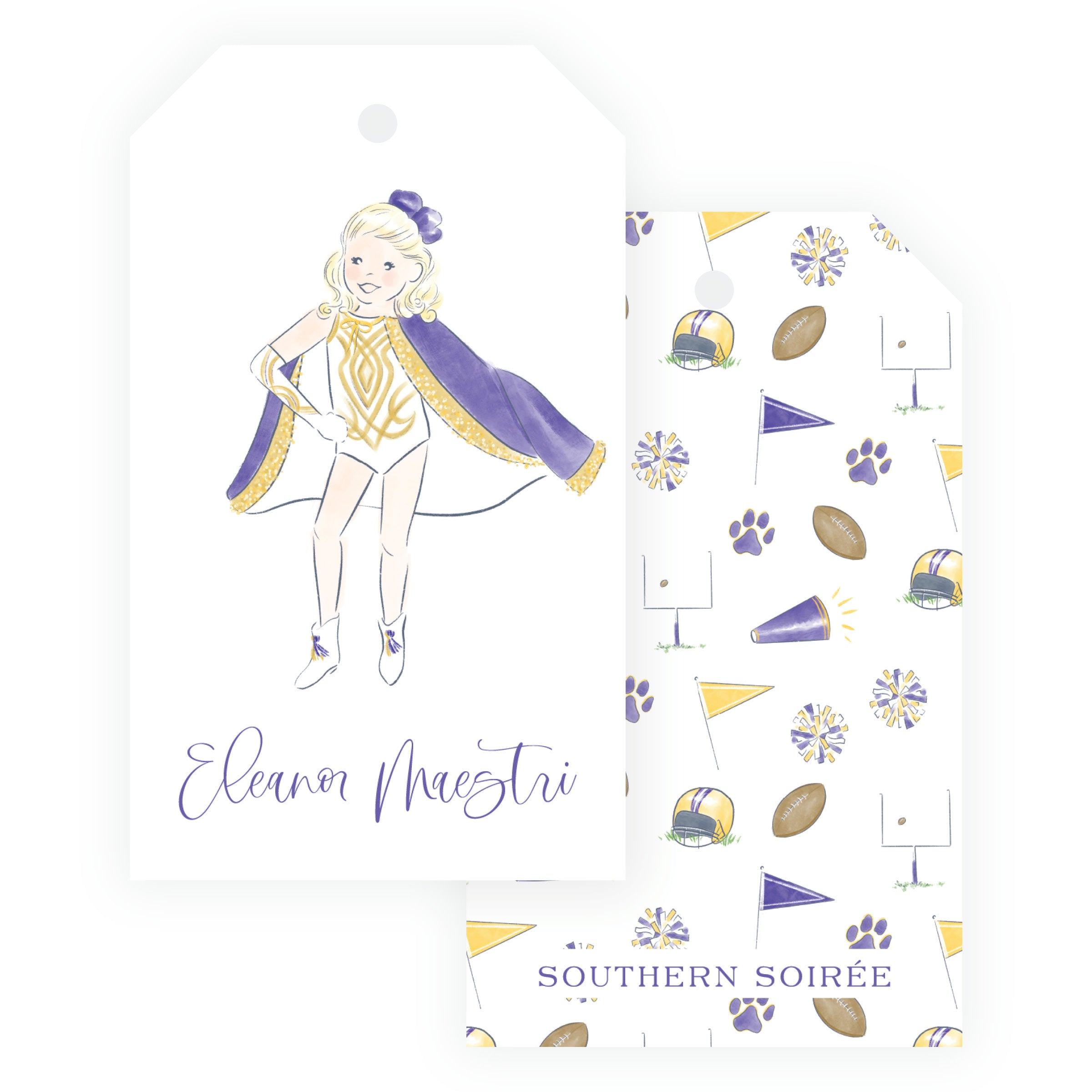 Personalized purple and gold dance team hanging gift tag with game day dancer and custom wording