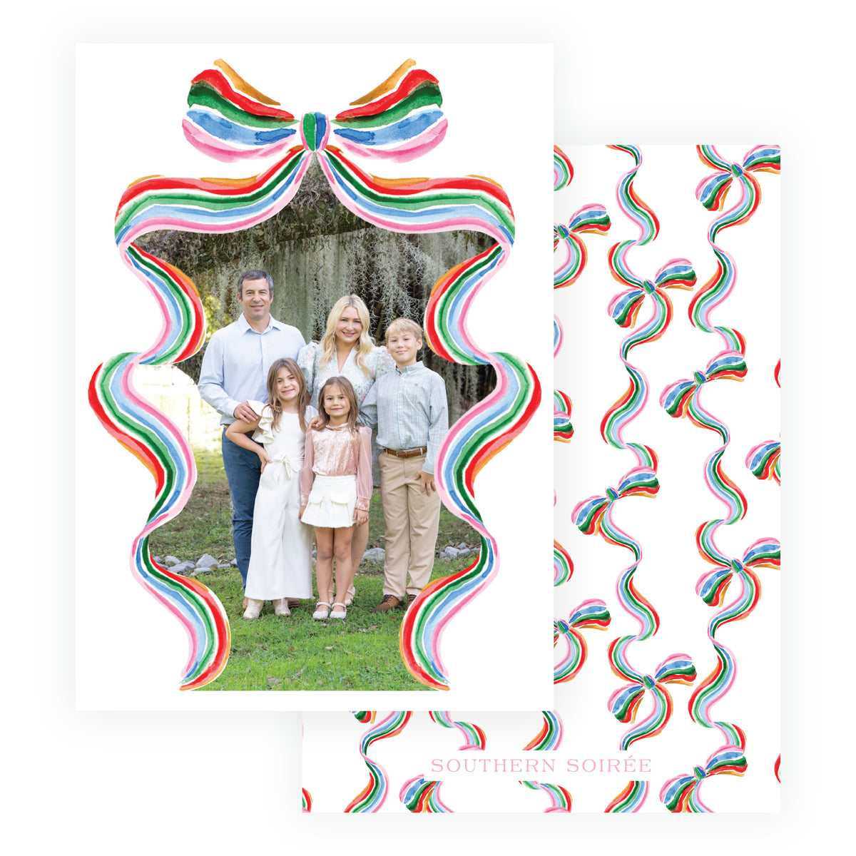 Full frame personalized Christmas card with coordinating patterned back