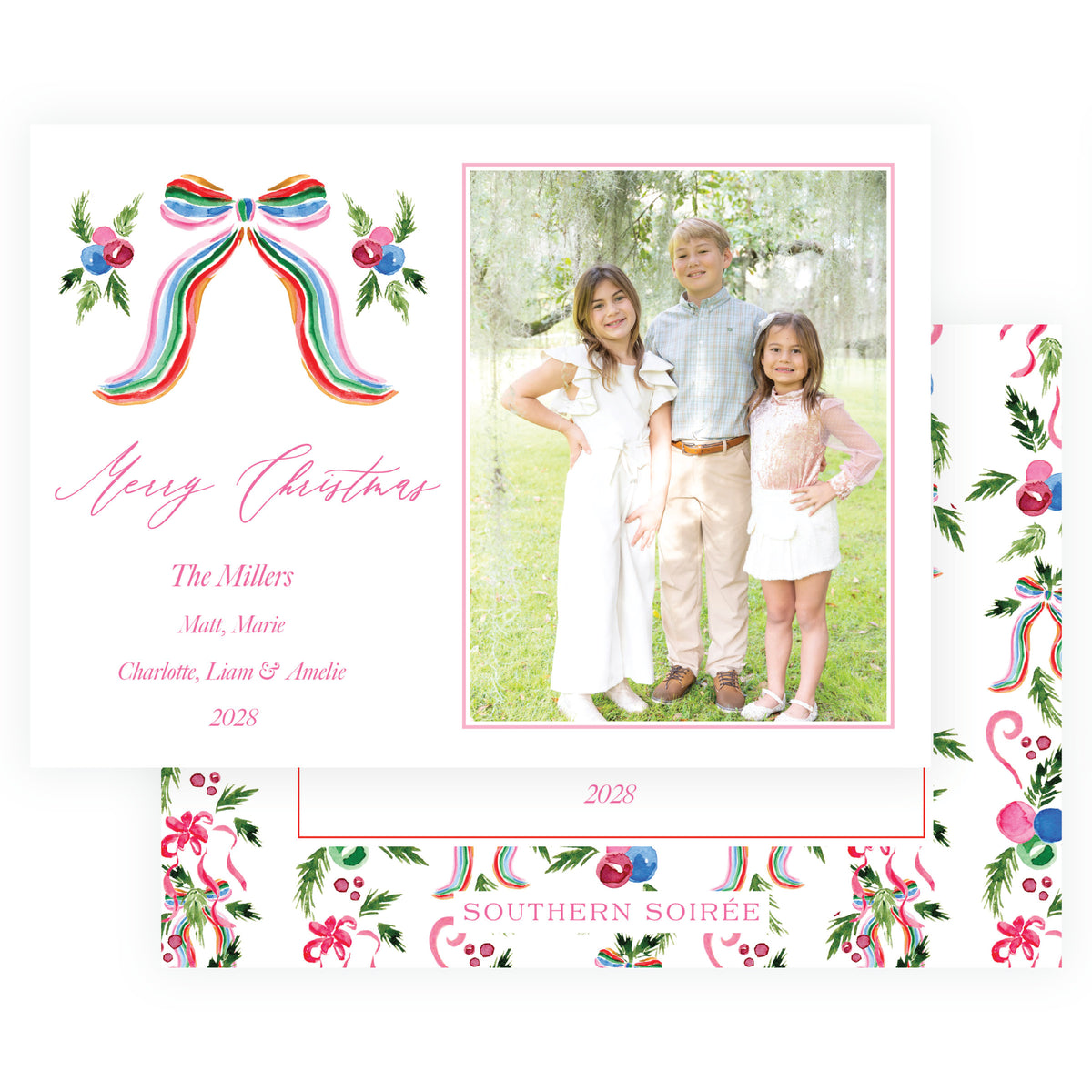 Grand Bow Pink personalized Christmas photo card with watercolor ribbon, greenery and family photo