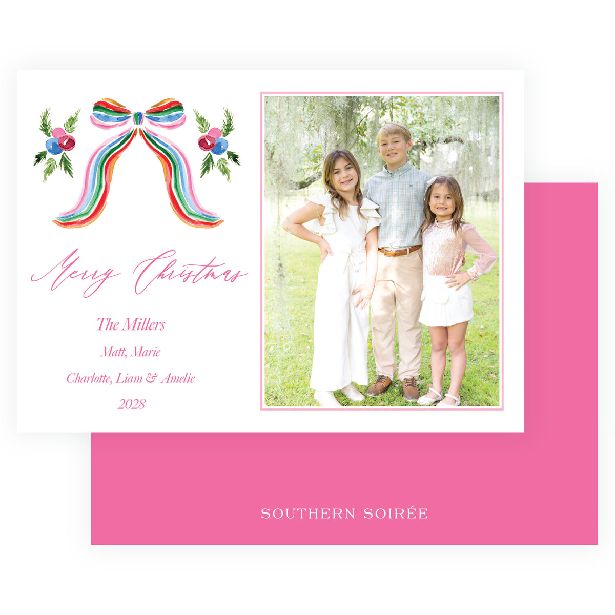Grand Bow Pink Landscape Personalized Christmas Photo Card