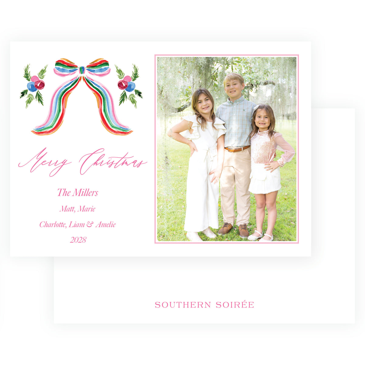 Grand Bow Pink Landscape Personalized Christmas Photo Card
