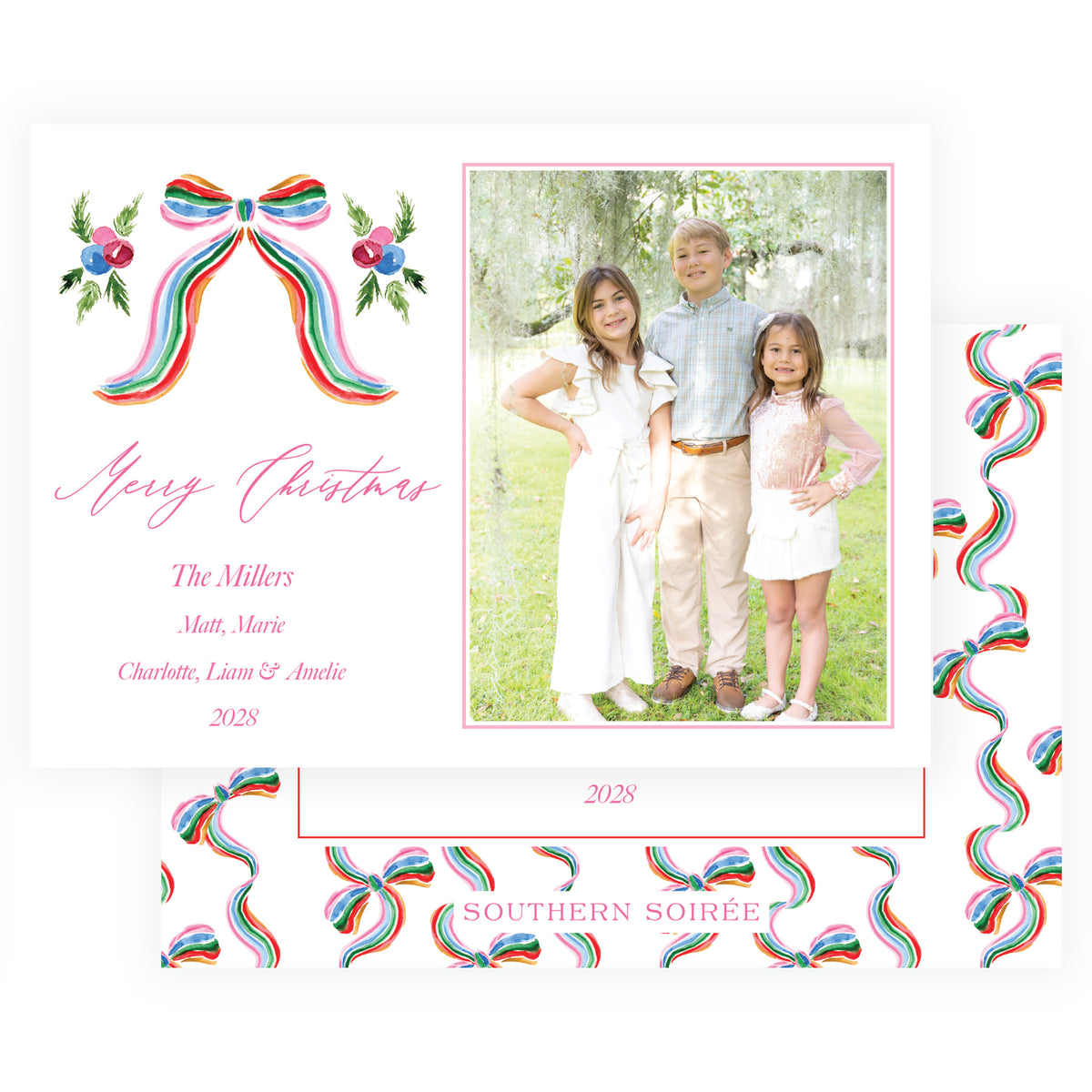 Grand Bow Pink Landscape Personalized Christmas Photo Card