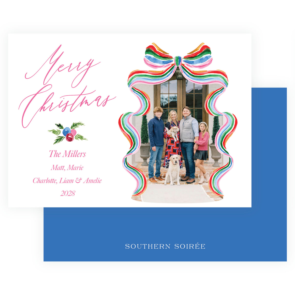 Grand Bow Frame Pink Landscape Personalized Christmas Photo Card