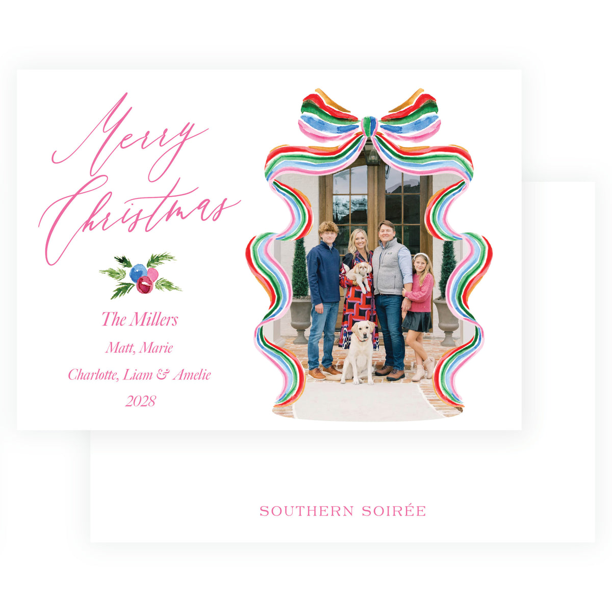 Colorful watercolor bow family Christmas card from the Tied with Cheer Collection