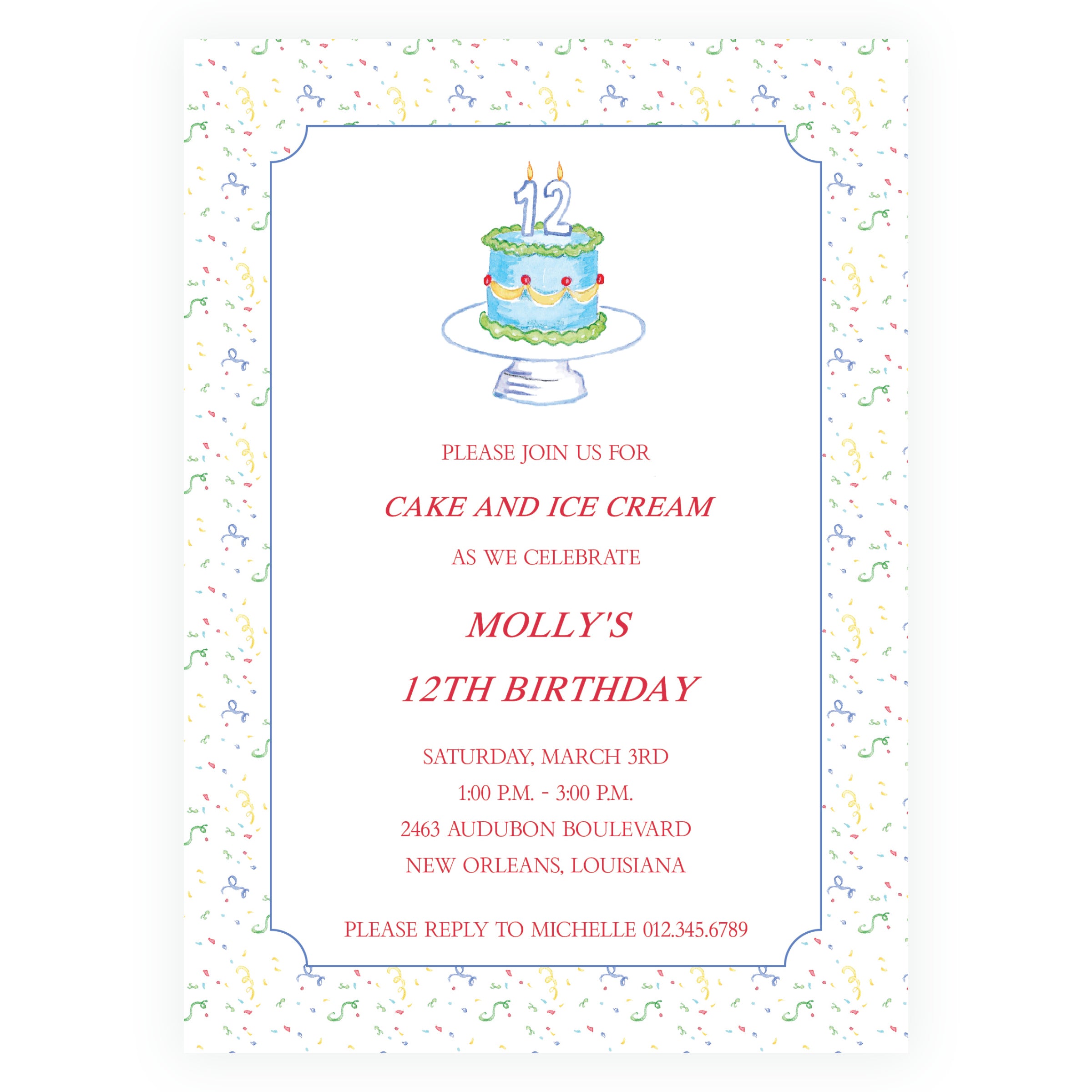Classic Colorful Watercolor Birthday Cake Invitation