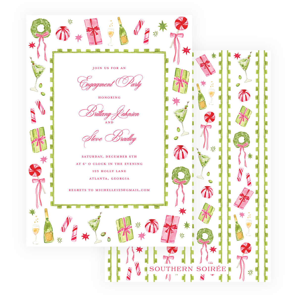 Holiday engagement party invitation with watercolor cocktails gifts and Christmas candy