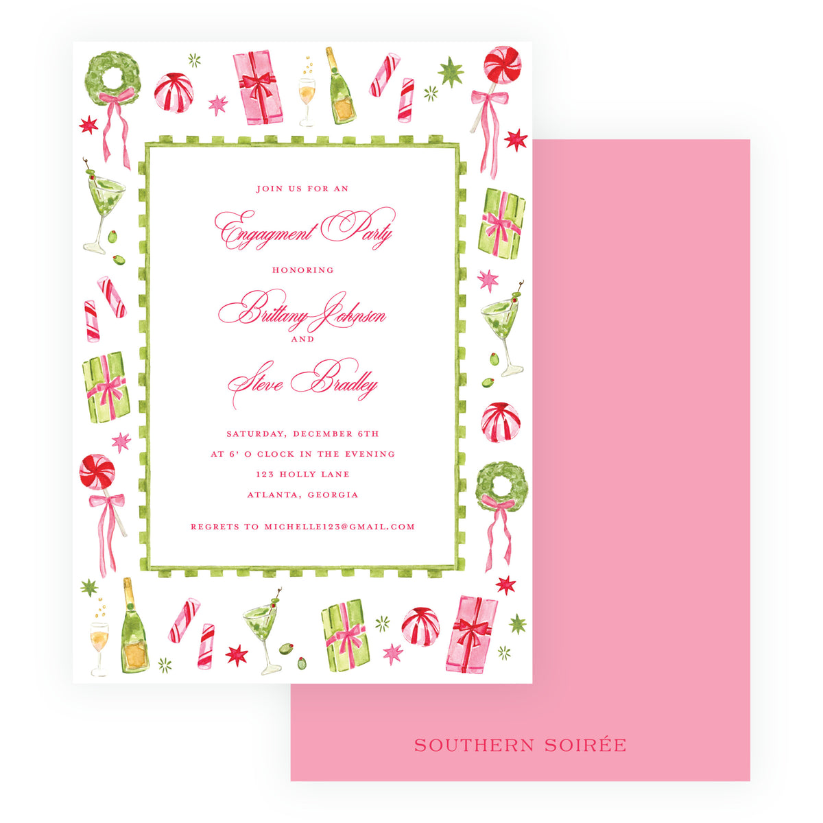 Holiday engagement party invitation with coordinating envelope and Christmas liner