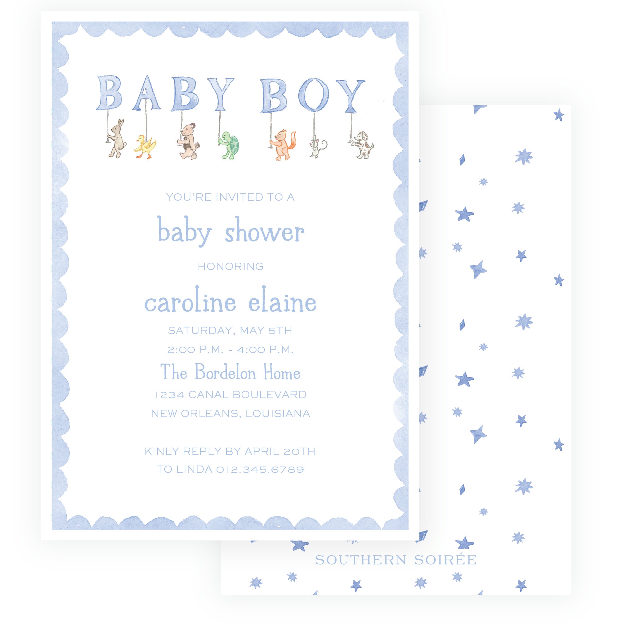 Baby blue woodland animal parade baby shower invitation with scalloped frame