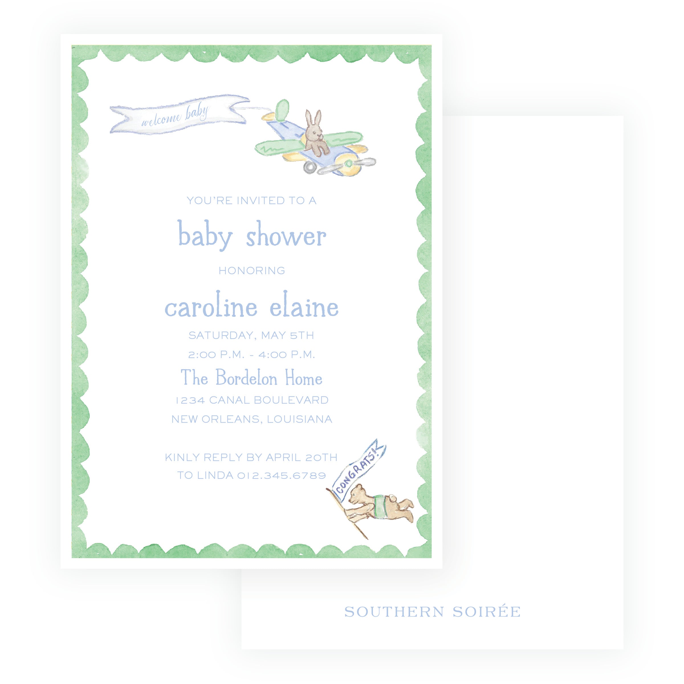 Baby blue little explorer airplane baby shower invitation with rabbit and scalloped frame